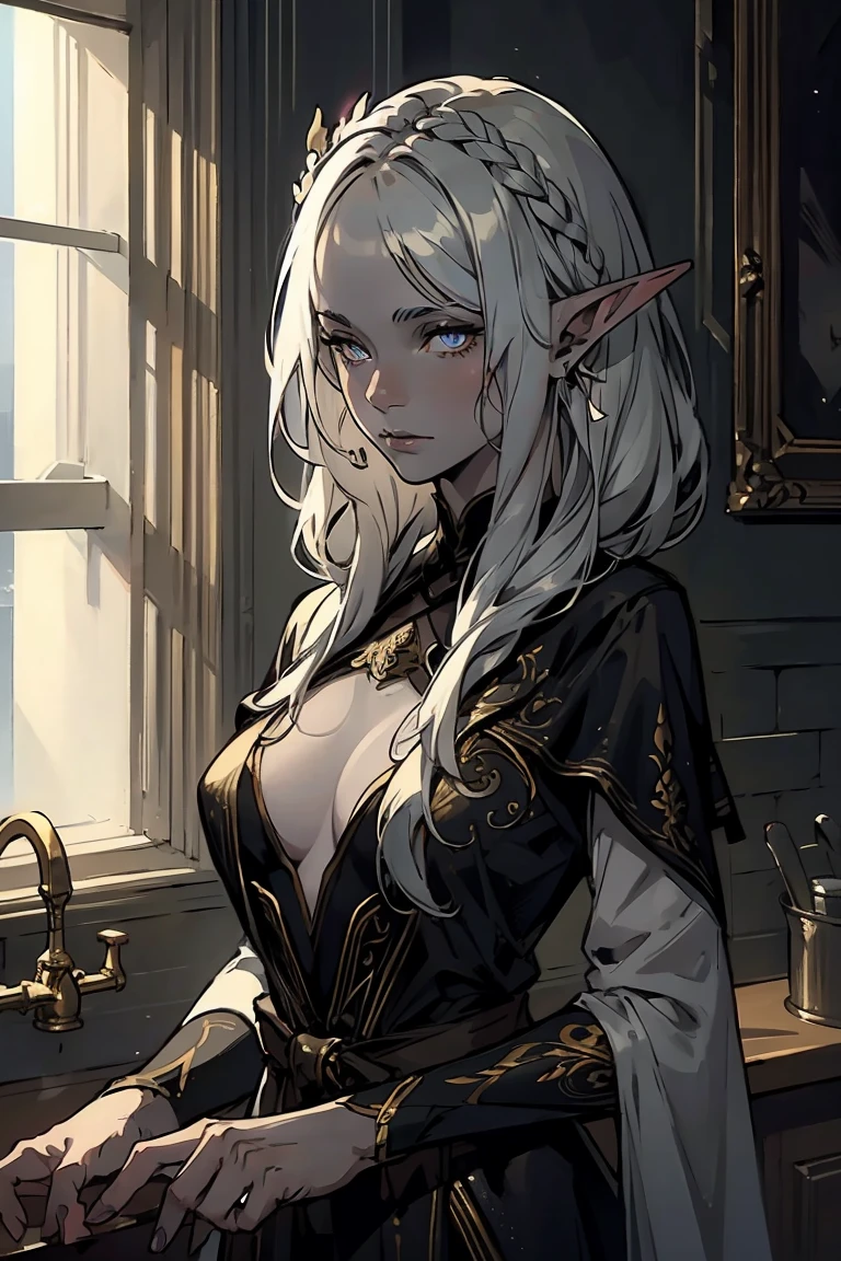 high quality: 1.3, cinematic frame, masterpiece, very detailed bright portrait, drow (elven long ears), ((Girl with gray skin)) (beautiful young woman), pretty face, fantasy, complex hairstyle
, (white hair), glowing hair, night, (very detailed skin), detailed background, in kitchen, indoor, soft lighting, tavern crepuscular lighting, volumetric lighting, complex parts, UHD