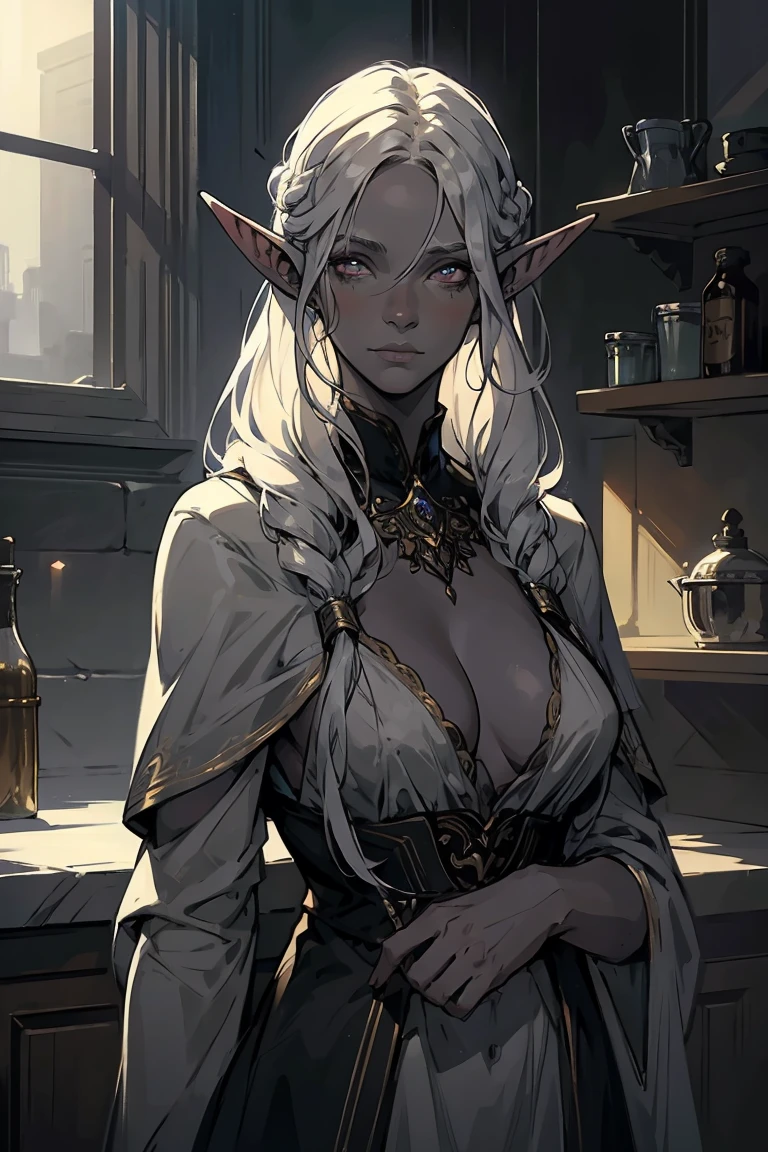 high quality: 1.3, cinematic frame, masterpiece, very detailed bright portrait, drow (elven long ears), ((Girl with gray skin)) (beautiful young woman), pretty face, fantasy, complex hairstyle
, (white hair), glowing hair, night, (very detailed skin), detailed background, in kitchen, indoor, soft lighting, tavern crepuscular lighting, volumetric lighting, complex parts, UHD