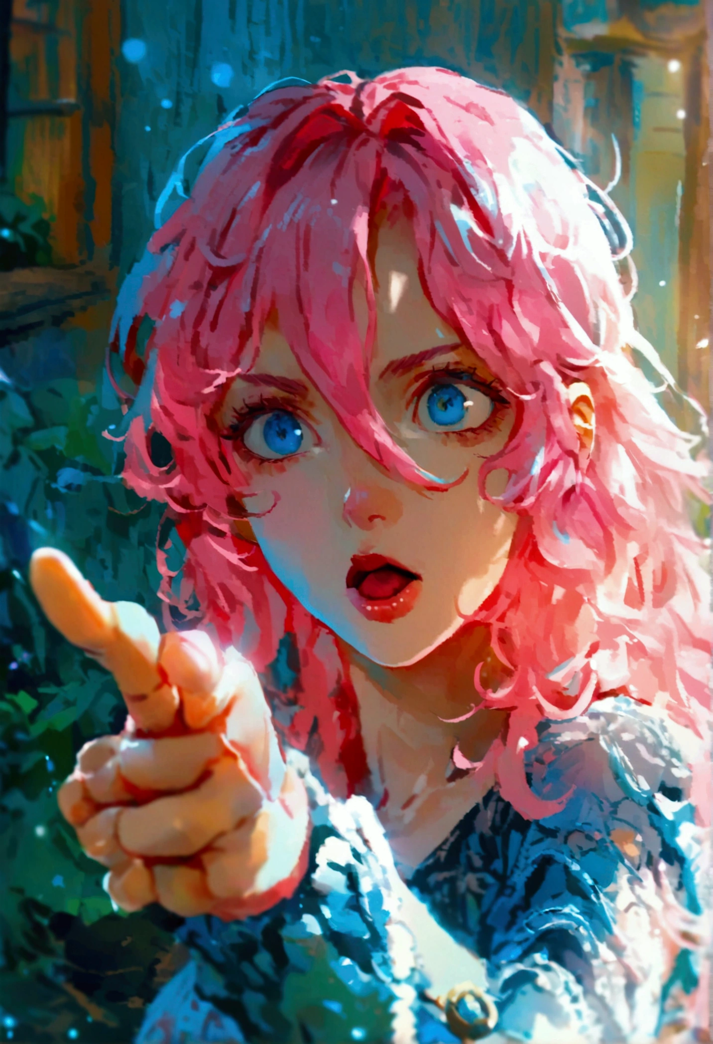 Point the other person with the index finger of one hand.１Pointing with a book、be surprised、Uh huh?、、Pink haired woman、blue eyes