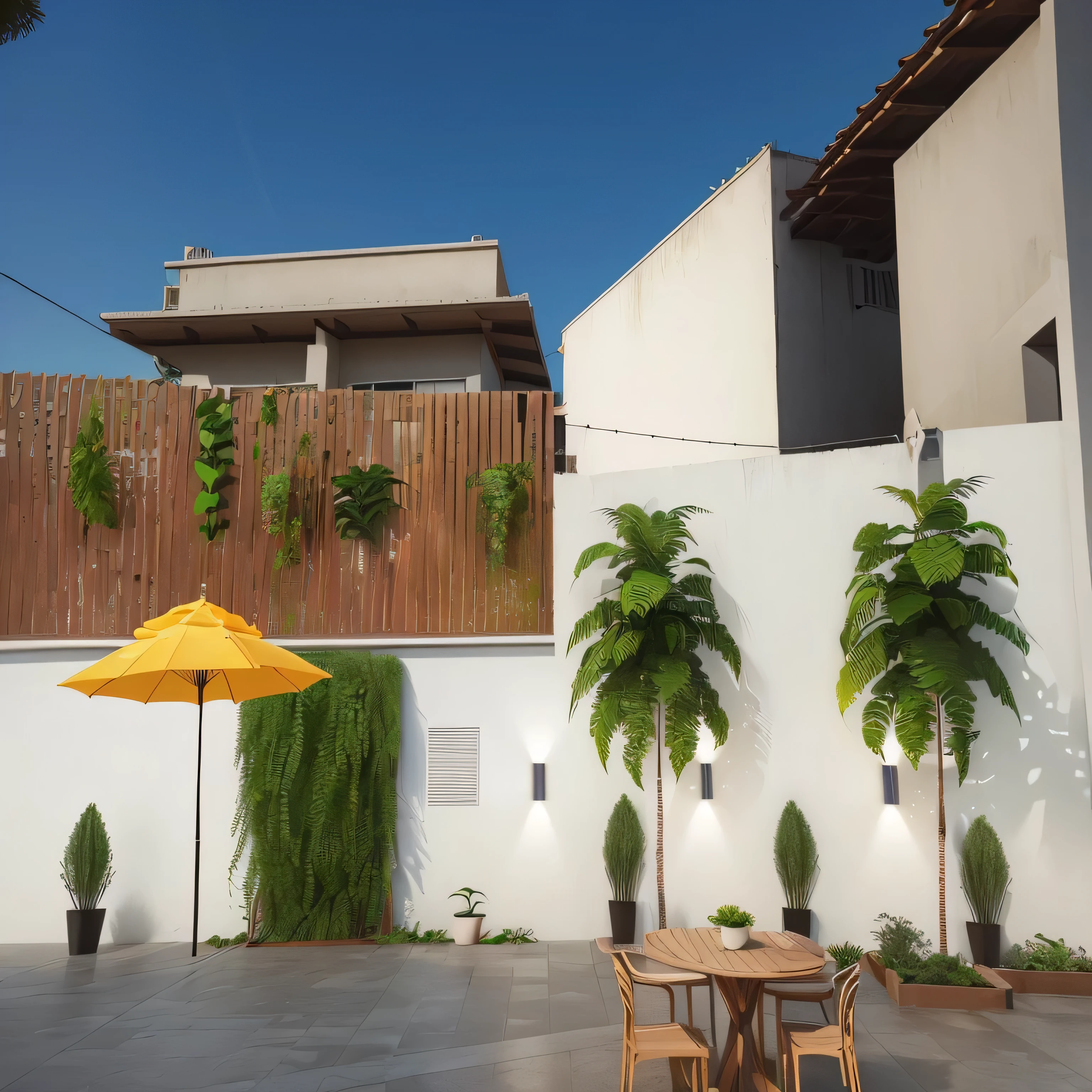 A white wall, pots with plants and ferns, gray floors, a light post, red stones on the wall, two coconut trees, an umbrella, a wooden table and chair and a statue in the corner, red stone with ferns on the wall. renderização lumion, renderizar 3d, renderização arquitetônica, renderização lumioning.