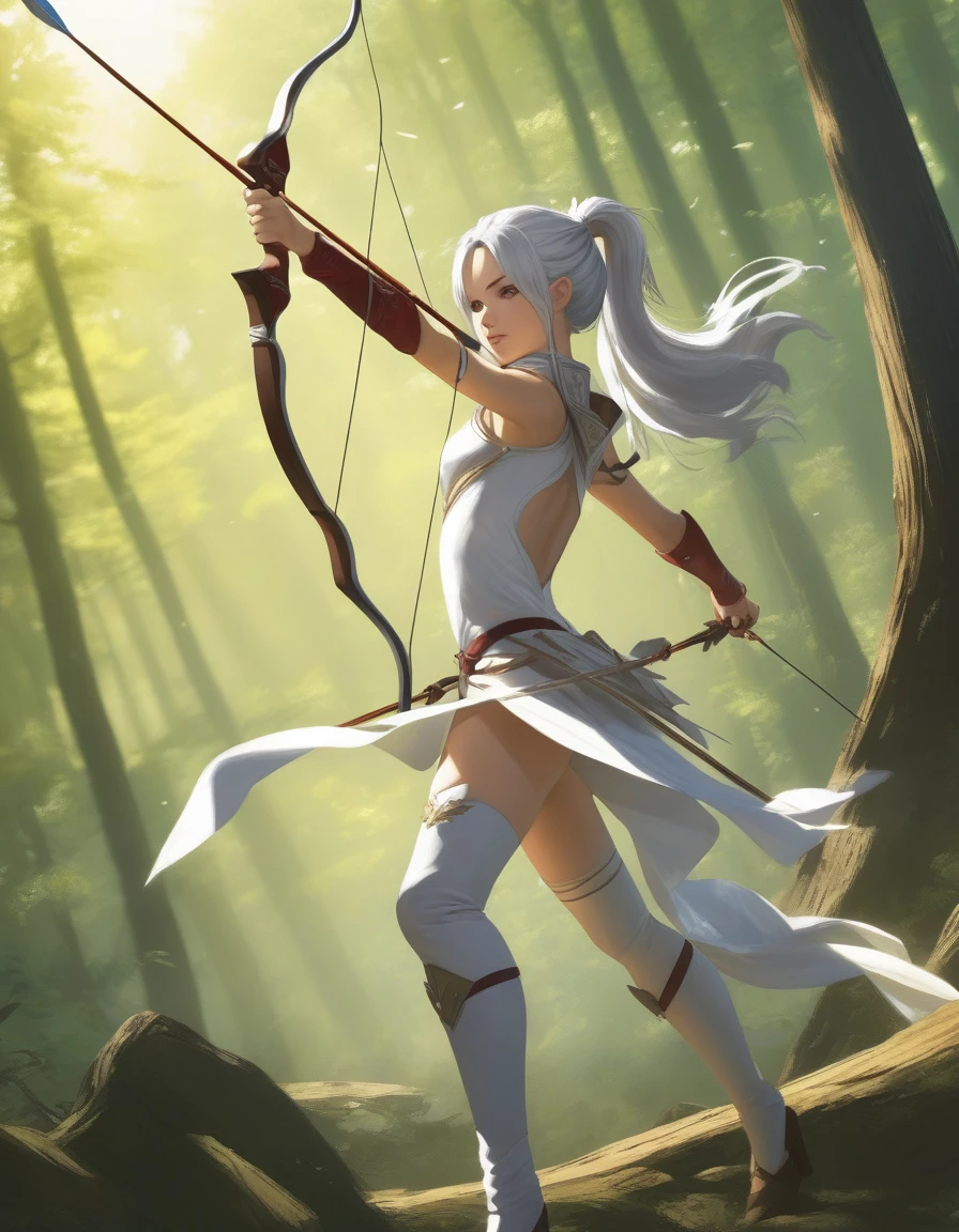 1 girl, windy forest background, shiny backlight, battle scene, bowing arrow, volumy long ponytail, silver hair, red eyes, middle breasts, her hair is fluttering down, white fantasic leotard outfit, white long loincloth,brown belts, long Quiver of Arrows behind back, strongly draw the bowstring shooting arrow, holding bow,open legs,open thighs, arched back, scerious, aiming, gazing, cowboy shot, looking side, masterpiece, best quality, general, rotated composition,