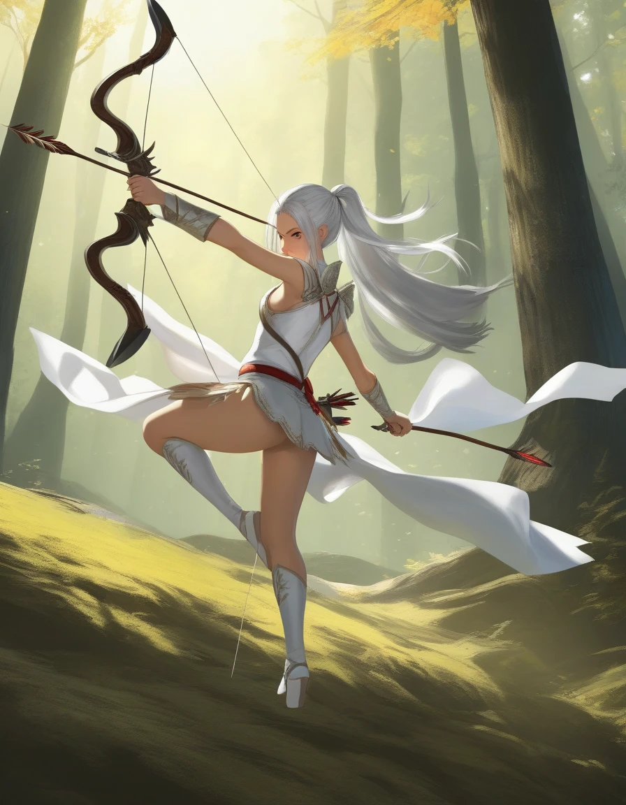 1 girl, windy forest background, shiny backlight, battle scene, bowing arrow, volumy long ponytail, silver hair, red eyes, middle breasts, her hair is fluttering down, white fantasic leotard outfit, white long loincloth,brown belts, long Quiver of Arrows behind back, strongly draw the bowstring shooting arrow, holding bow,open legs,open thighs, arched back, scerious, aiming, gazing, cowboy shot, looking side, masterpiece, best quality, general, rotated composition,