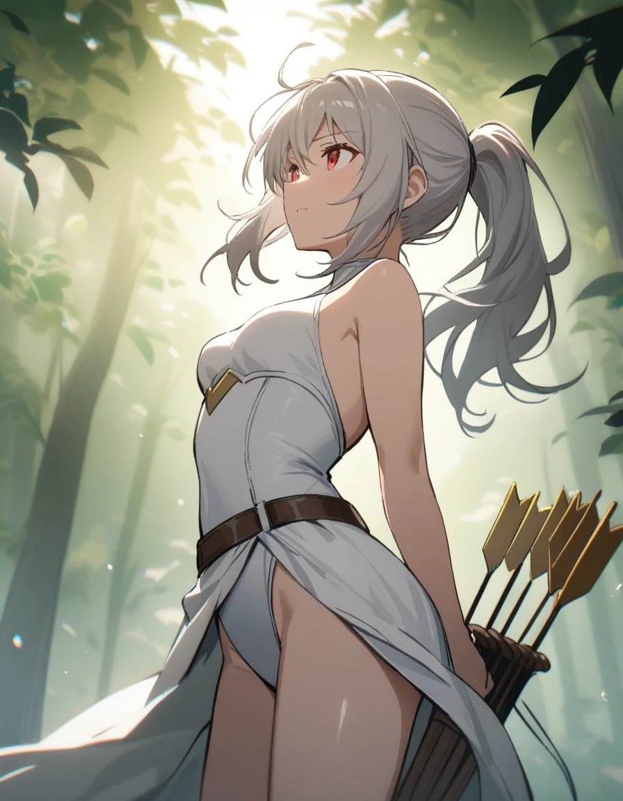 1 girl, windy forest background, shiny backlight, battle scene, bowing arrow, volumy long ponytail, silver hair, red eyes, middle breasts, her hair is fluttering down, white fantasic leotard outfit, white long loincloth,brown belts, long Quiver of Arrows behind back, strongly draw the bowstring shooting arrow, holding bow,open legs,open thighs, arched back, scerious, aiming, gazing, cowboy shot, looking side, masterpiece, best quality, general, rotated composition,