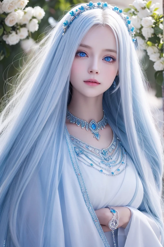 A beautiful girl with long white hair, blue eyes, and no mouth or nose, like a goddess.