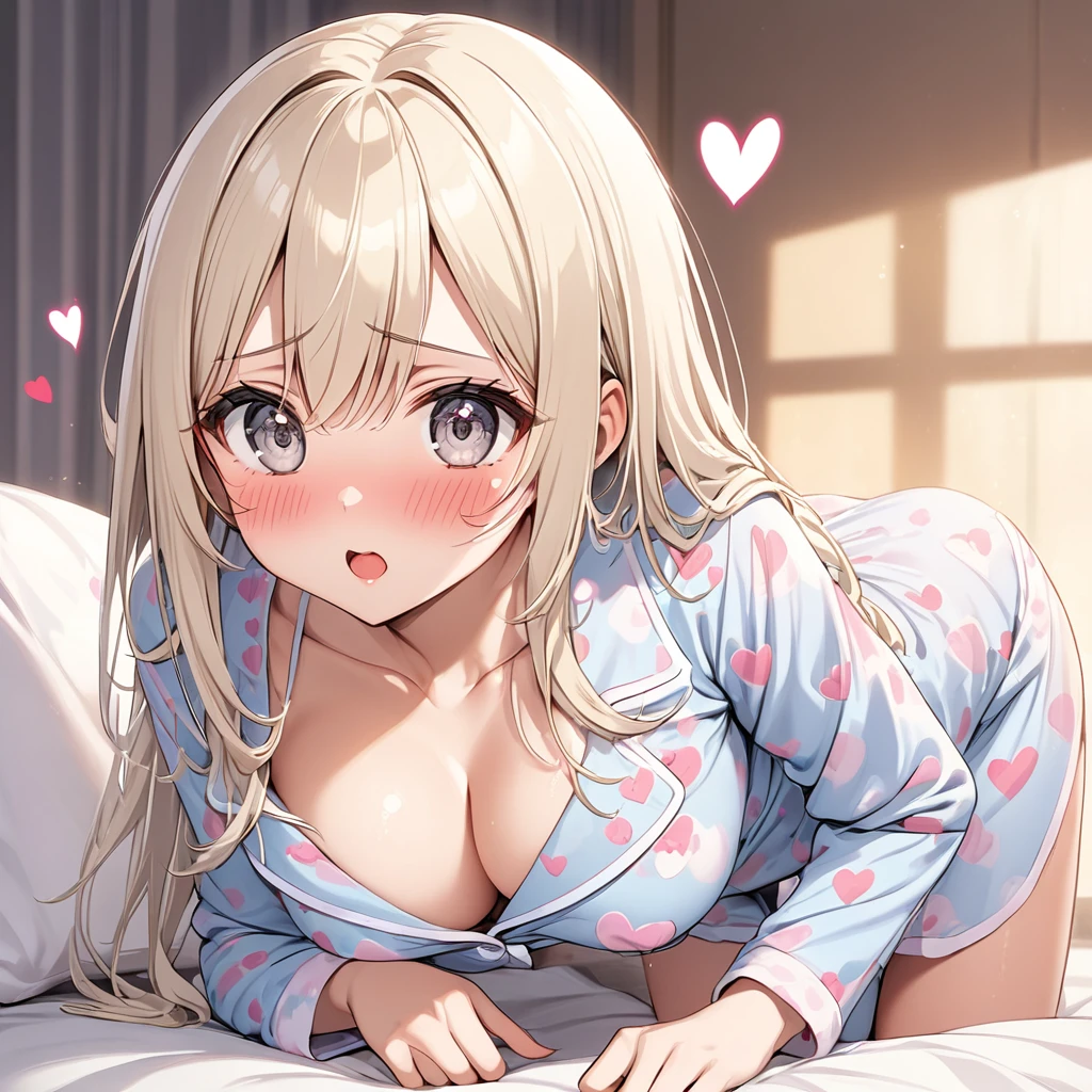 NSFW, white blonde hair, grey eyes, straight hair, medium size breasts, heart shaped eyes, blushing, upturned gaze, cute pajamas, cleavage, sexy panties