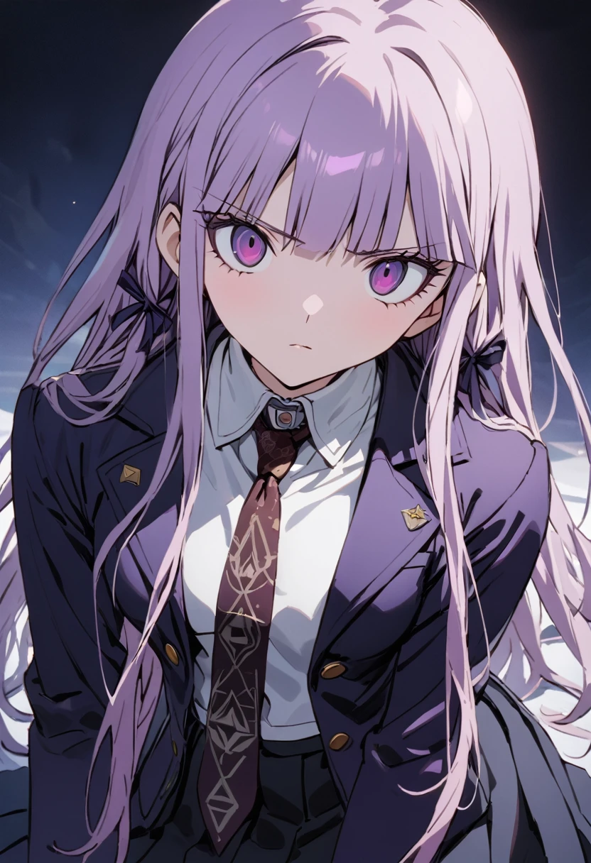 ((masterpiece,High resolution,Highest quality,8K,Detailed faces and anatomy))
(****************,Danganronpa,Kyouko Kirigiri,Purple Hair,Long Hair,Side braiding,Purple eyes,slender)(Black Ribbon,Black gloves,White collared shirt,Purple open jacket,Black pleated skirt,Brown tie,Printed necktie)Close one eye,Wink