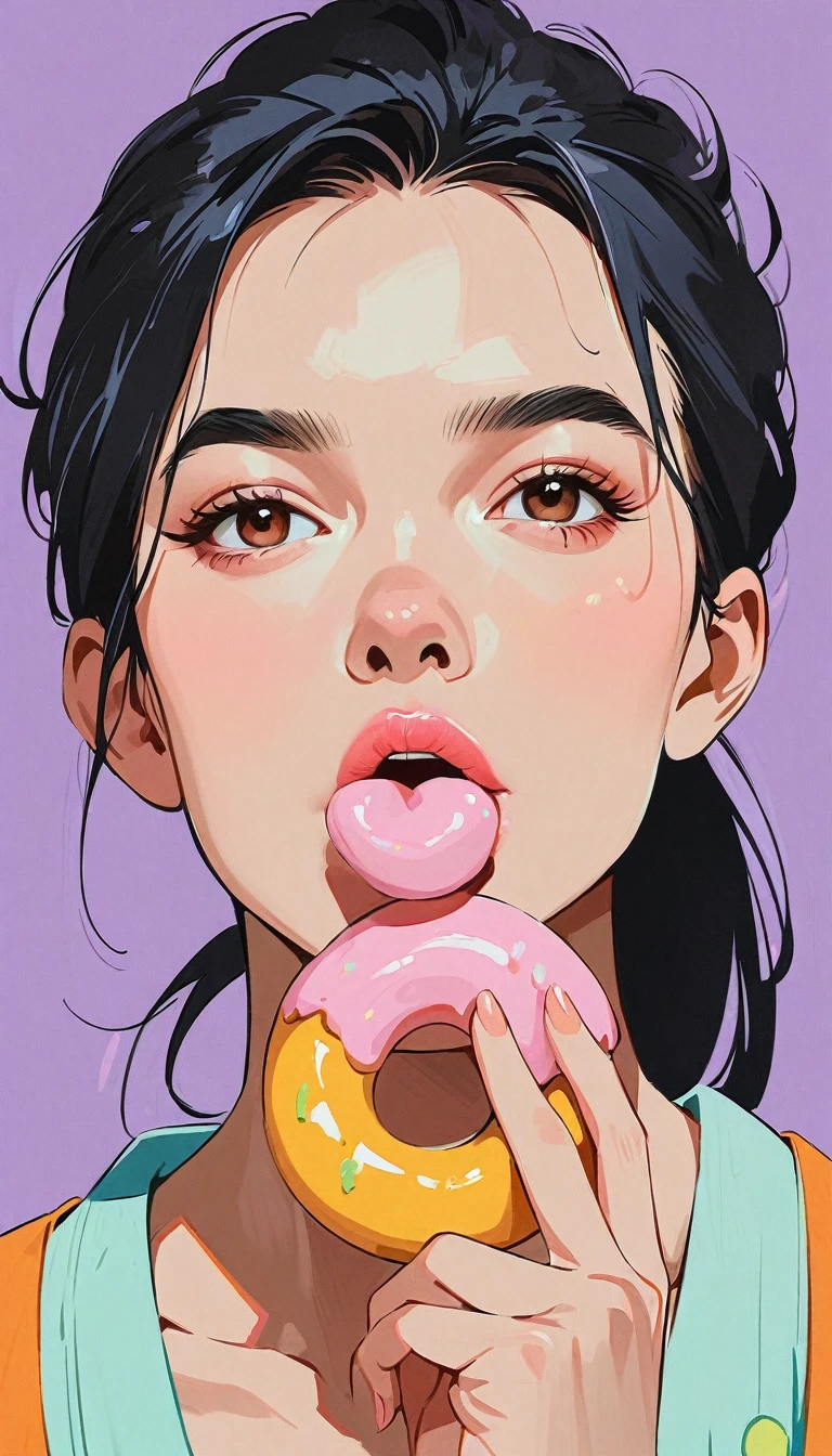 masterpiece、Highest quality: 1.2)、1 girl、Lonely、Anime Style、Black Hair、Pink Lips、Japanese、ponytail、Biting into a donut、In the style of a leading portraitist、Purple Background。
