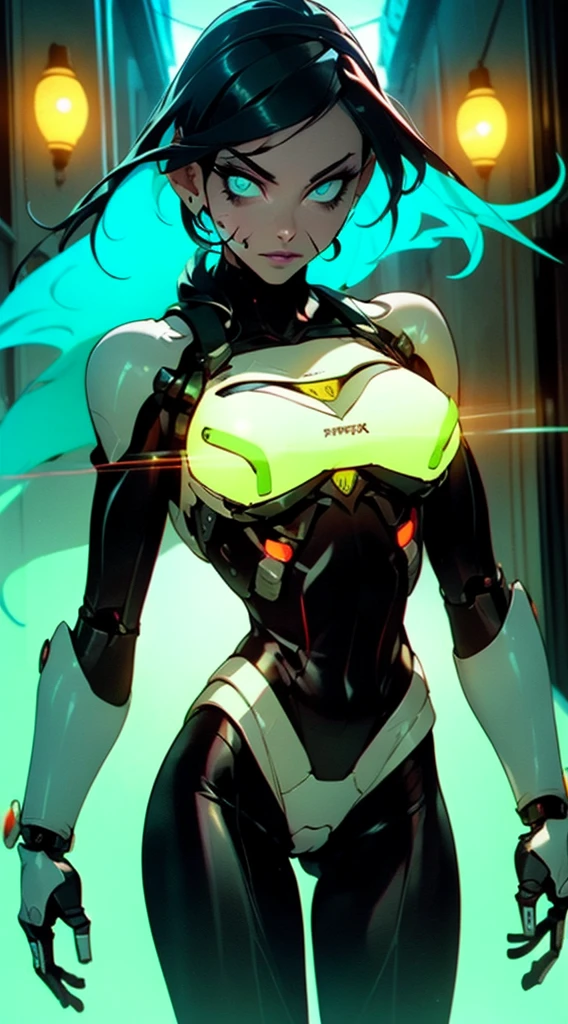 (mechanical parts:1.5),fighting , glowing eyes, short hair, tight supersuit, in a futuristic city, lights and neon, glowing neon lines, lovely pose, cute view