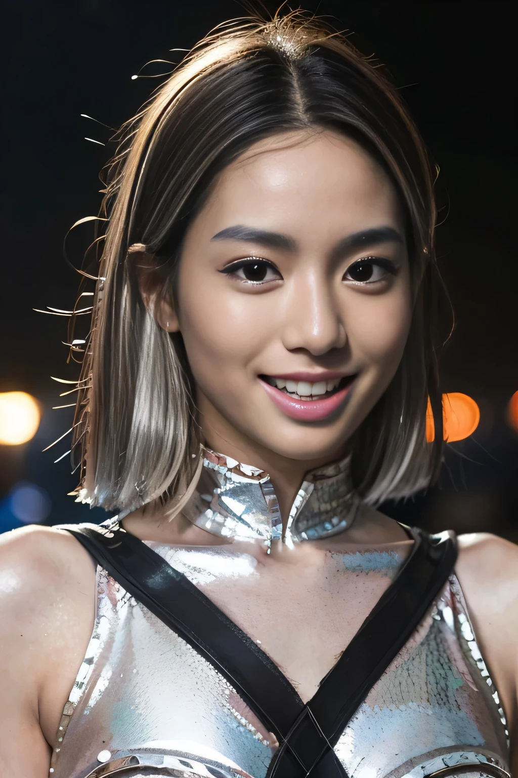 (masterpiece:1.2), Super detailed, Ultra-high resolution, (Realistic, photo Realistic:1.37), High-definition RAW color photos, Professional photos, Very delicate and beautiful, Very detailed, In detail, Large file size, Very detailed beautiful girl, Very detailed face, Very detailed eyes, Very detailed skin, Very detailed nose, Very detailed mouth, Perfect Anatomy, Very detailed background, Shiny skin, (Famous Japanese actresses:1.2), (Improve:1.25), Ample breasts, (Brown people, Dark Skin, Silver Hair:1.55), Dynamic Lighting, (whole body), (rvst:1.2), Rave Makeup, Labor Girl, Exudes an aura of charm with confident and stylish poses, laser, Futuristic Room Background, (smile:1.3),Cyberpunk Fashion,Teeth are visible,