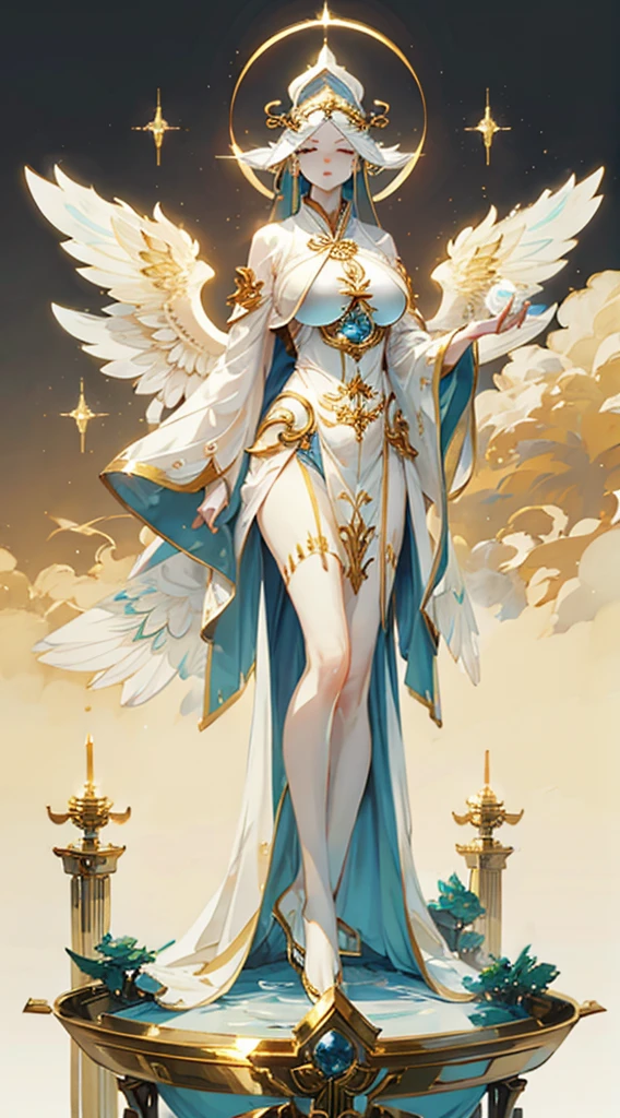 goddess，Fantasy style，Magic Style，Greek style，White gold color scheme，White and gold，goddess，Halo，Divinity，wing，wing，wing，wing，wing，Big breasts大屁股，Big breasts，Full figure，Royal sister，graceful，Noble temperament，robe，高开叉robe，Golden runes