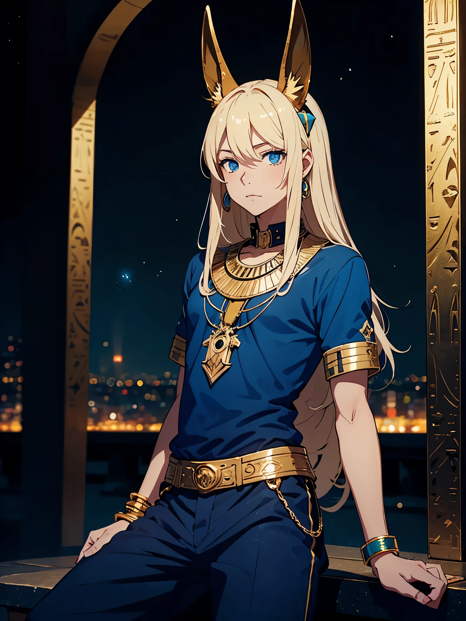 More anime style. cutie pie. アニメ! Teenage boy. Egyptian deity Anubis. Egyptian blue clothing. Blue clothes.  long blond hair. Lots of gold jewelry. dark skin. Egyptian. dazzling blue eyes. mystical. divine.