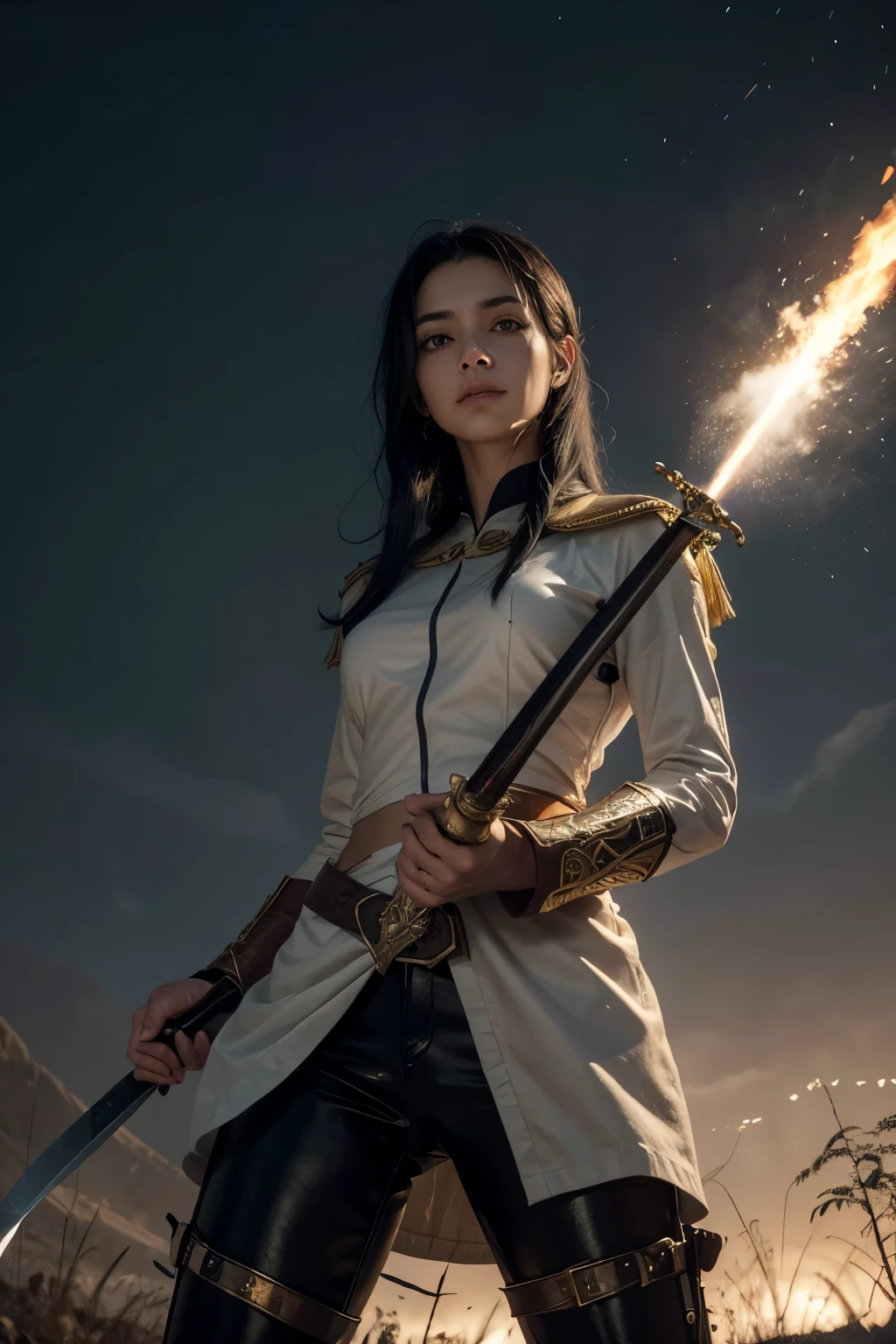 Aida: dressed in the F Uniform.It is.p.It is., coat of arms of F.It is.p.It is preso ao uniforme, worn and partially torn, with blood stains, cutoffs, sparks or smoke coming from damaged areas. Add Foliage to Indicate an Intense Battle. characteristics: Bullish (1.95m), age 28, olhos verdes esmeralda, black hair up to the waist, serene and curious expression, subtle scar on left cheek, Caucasian skin, Arab Atnia. missiles: It isspada feita de metal extraído de meteoritos, with shiny details and luminous veins. postura: Facing the reader, in a ready position, with his sword raised and an expression of determination. from the front holding the sword in his hands, looking straight ahead, dentro de uma floresta.