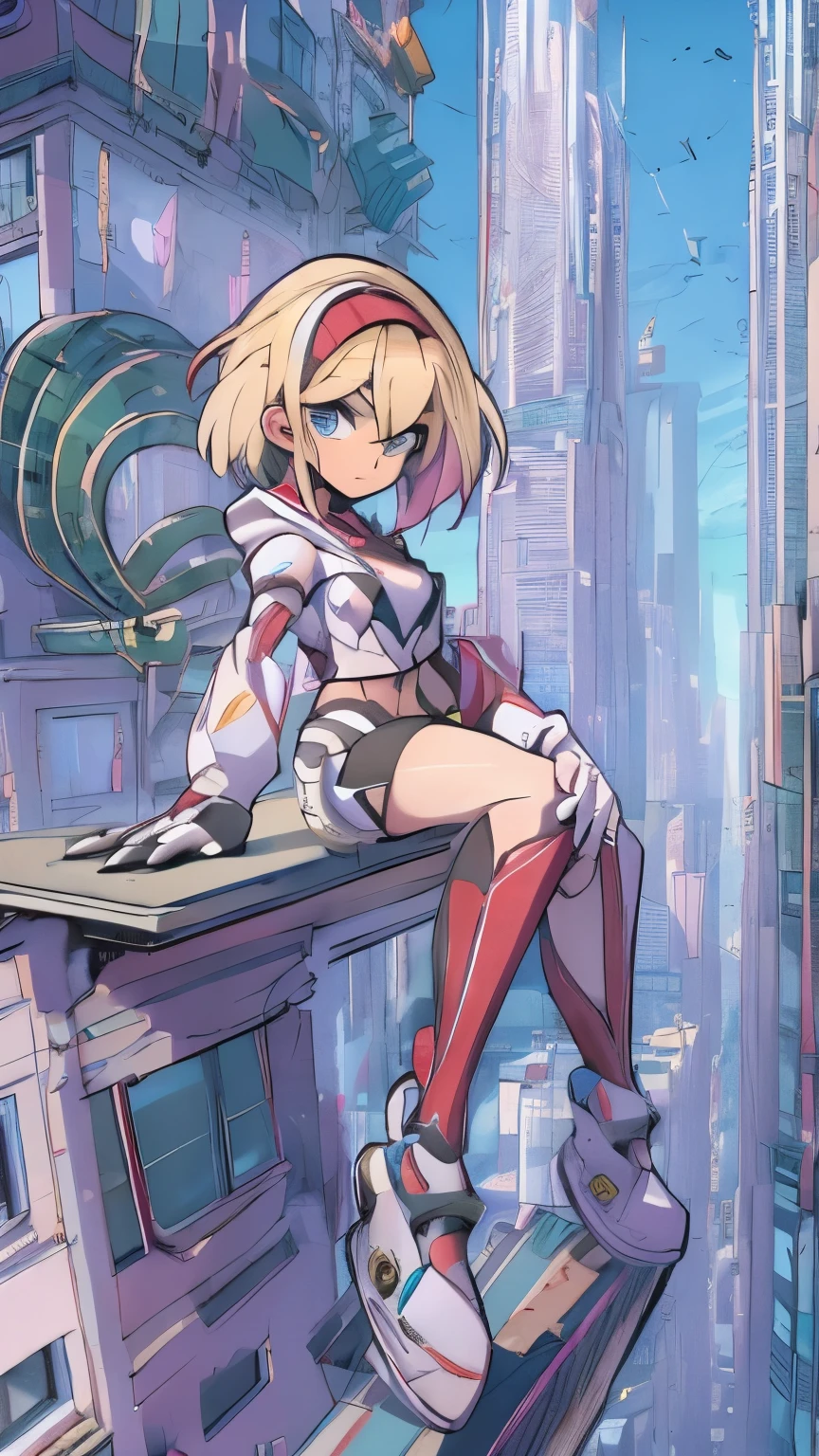 (Highly quality, masterpiece, detailed), city detailed scenario, city detailed background, solo, Reploid, Android, Gwen, blonde hair, buster arm, mega man, 
multicolored hair, short hair, hairband, crop top, web-print, hood down, gloves, navel, sitting on top of a building, perfect face, beautiful eyes, look at the viewer, Sexy pose, 