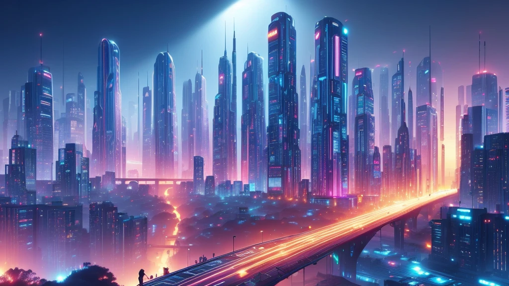 image taken from behind the shoulder of a GIRL with her back turned and DRESSED IN A HOOD from a balcony of a futuristic building with, She is looking at an aerial view of an ultra-futuristic North American megalopolis, view of the entire city with many metal buildings and houses in dark colors from dark blue to black, a cidade tem tons de cinza metal, has smoky metal structures , industrial environment with smoke and fog around, carros escuros nas ruas, desert megalopolis, trilhos e trens modernos de de metal passando estre as ruas da cidade, tall futuristic metal buildings, many ultra modern buildings around, , as realistic as possible, As detailed as possible, Science fiction
