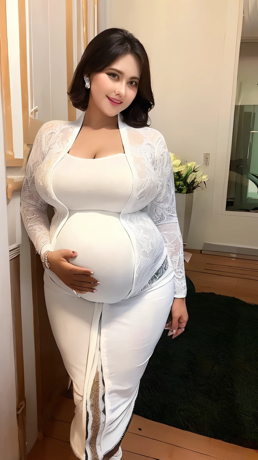 (REALISTIC) (elegant milf) (Big Mature : 3 Curvy body) ((goddess face)) ,(((white kebaya))),((huge pregnant)),huge breasts,(trasnparent),short hair,,milf