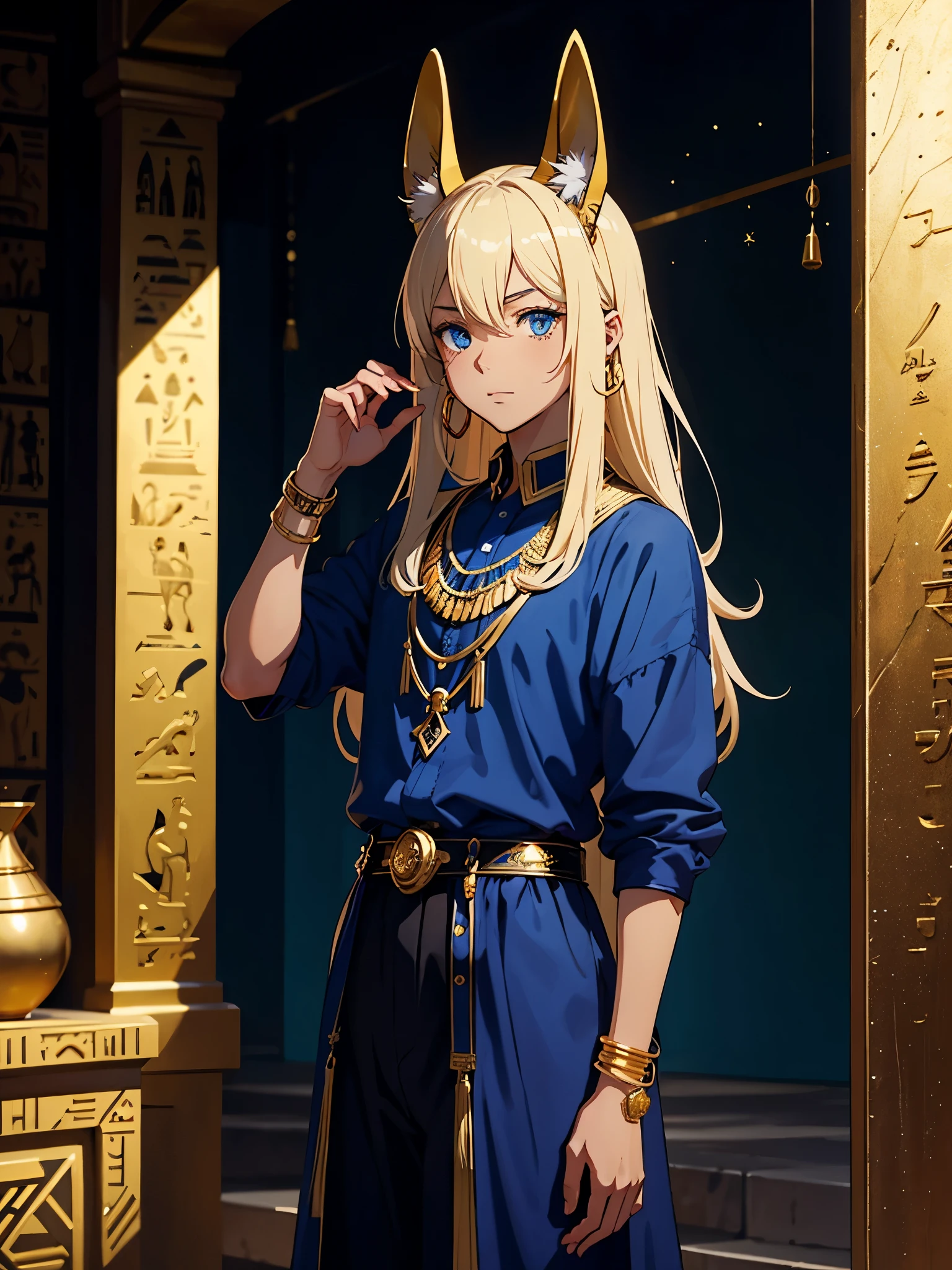 More anime style. cutie pie. アニメ! Teenage boy. Egyptian deity Anubis. Egyptian blue clothing. Blue clothes. long blond hair. Lots of gold jewelry. dark skin. Egyptian. dazzling blue eyes. mystical. divine.