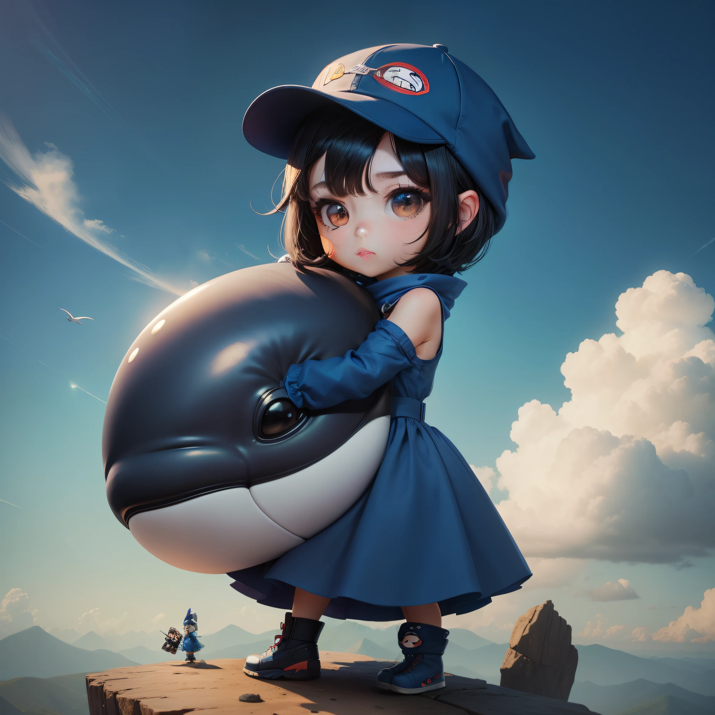 High quality,Masterpiece, Chibi, Nerdrooid, Mega Mini, Ninja, hat, whale, blue dress, have dark hair, Bob hairstyle,hugging sky