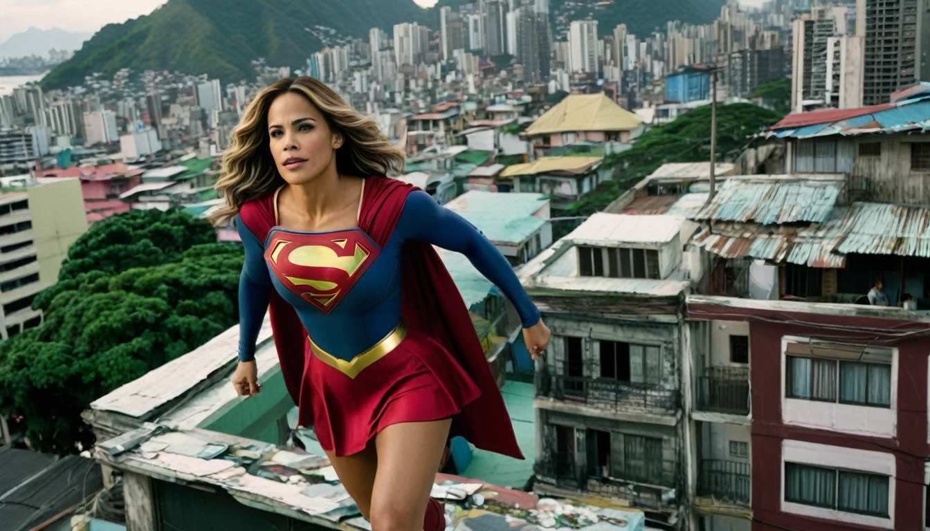 super breasts; Paula Patton 2000s; Supergirl 1984s movie costume (seios grandes); saving the world; posição de levantar vôo; braços esticados para cima; taking off from a roof (worn clothes on the ground); floating towards the Lapa (Rio de Janeiro city) sky; HD. Photograph, ((realism)), extremely high quality RAW photograph, ultra detailed photograph, sharp focus, high resolution, (detailed skin:1,3),high quality, film grain, Fujifilm XT3,Highly Detailed, movie, (Cinematic Photo:1.3) of (Realistic:1.3). Super breasts.