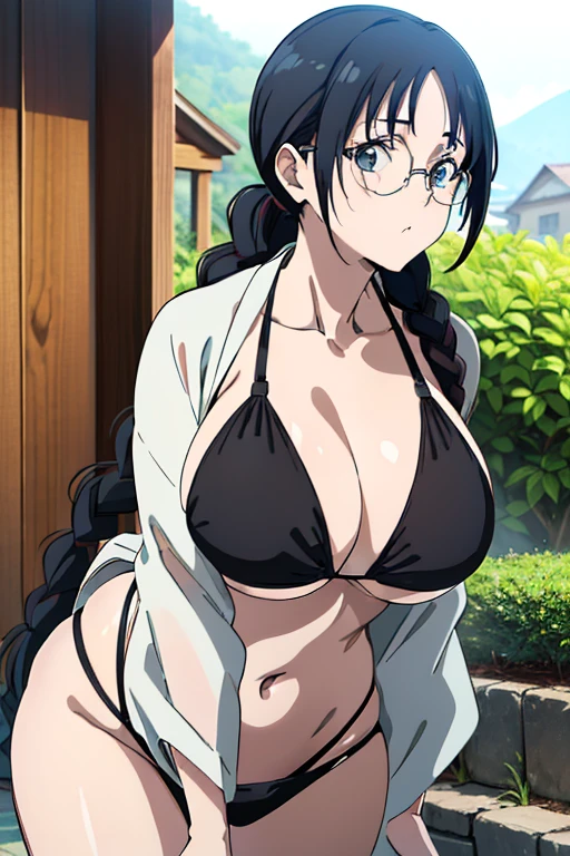 ((masutepiece, absurderes, texture, ultra-detailliert, Best Quality, High resolution, anime screen cap:1.5, Photorealistic)), 1girl in, Cute, Katori, Black hair, Glasses, Single braid, large full breasts, (Black Bikini:1.5), (White kimono), (bent over, upper body, looking at view), (Perfect Anatomy, Beautiful skin, Beautiful detailed face, beatiful detailed eyes), thick outline, black outlines, garden