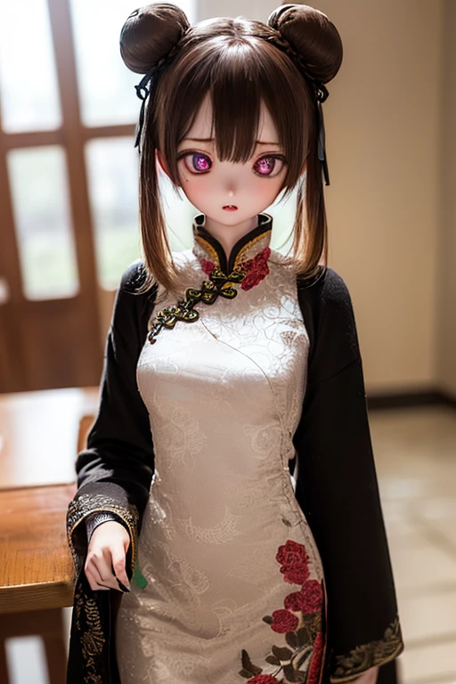 (SFW:2), photorealistic, realistic photo, 8k, ((highest quality)), ((masterpiece)), (extremely detailed), kukolnydom, doll, (1girl, 20yo, 20 years old:1.6), solo, ((cowboy shot, standing, slim, slender, skinny, medium breasts, china dress, qipao, chinese room)), (parted lips, green eyes, brown hair, double buns, plastic skin, looking at another, glass eyes, gradient eyes, shining eyes, detailed eyes:1.3)