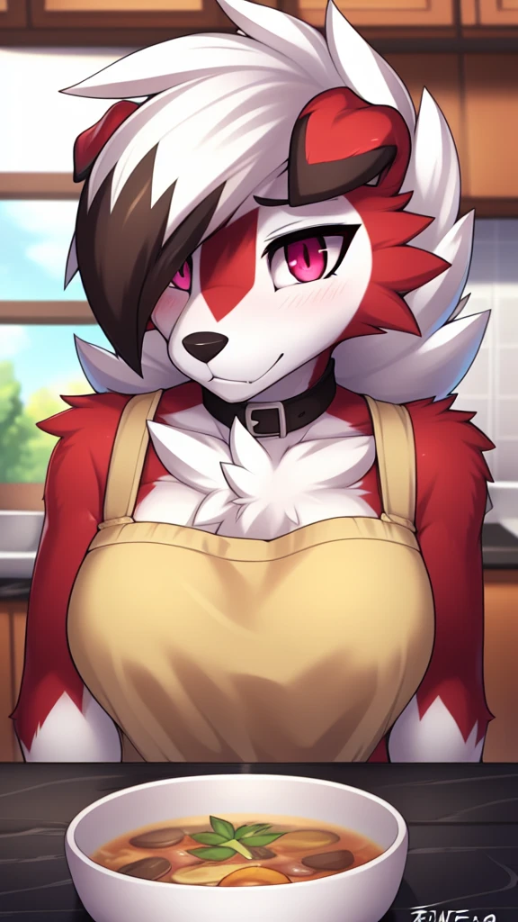 By zinfyu,by twistedscarlet60, uploaded on pixiv, by fluff-kevlar, (masterpiece), (best quality), (solo female:1.2), (extremely detailed:1.3),(detailed eye,black circle on eye,pink eye), lycanroc midnight, view on viewer, close view, shy face, half body on potrait, only body and head, close view, wearing kitchen apron,in kitchen, carying a bowl of soup, (tail:1.1), closeup photo of lycanroc