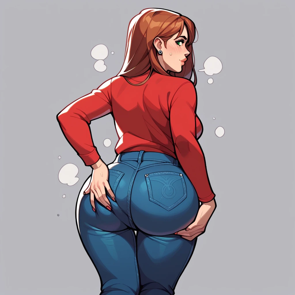 Mary Jane Watson, big butt, sweaty, grabbing butt, jeans halfway on