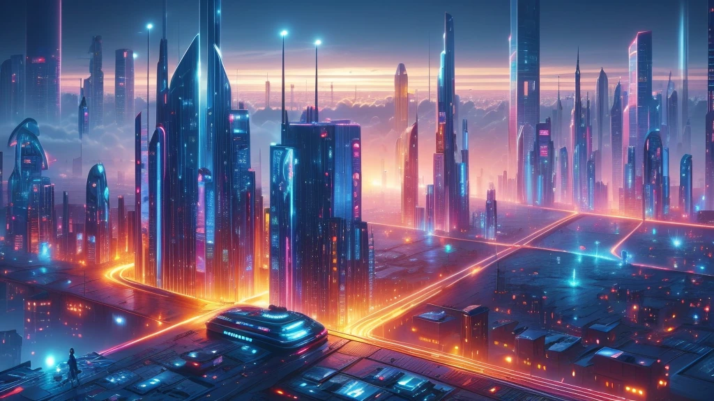 image taken from behind the shoulder of a GIRL with her back turned and DRESSED IN A HOOD from a balcony of a futuristic building with, She is looking at an aerial view of an ultra-futuristic North American megalopolis, view of the entire city with many metal buildings and houses in dark colors from dark blue to black, a cidade tem tons de cinza metal, has smoky metal structures , industrial environment with smoke and fog around, carros escuros nas ruas, desert megalopolis, trilhos e trens modernos de de metal passando estre as ruas da cidade, tall futuristic metal buildings, many ultra modern buildings around, , as realistic as possible, As detailed as possible, Science fiction