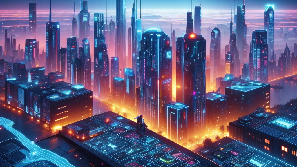image taken from behind the shoulder of a GIRL with her back turned and DRESSED IN A HOOD from a balcony of a futuristic building with, She is looking at an aerial view of an ultra-futuristic North American megalopolis, view of the entire city with many metal buildings and houses in dark colors from dark blue to black, a cidade tem tons de cinza metal, has smoky metal structures , industrial environment with smoke and fog around, carros escuros nas ruas, desert megalopolis, trilhos e trens modernos de de metal passando estre as ruas da cidade, tall futuristic metal buildings, many ultra modern buildings around, , as realistic as possible, As detailed as possible, Science fiction