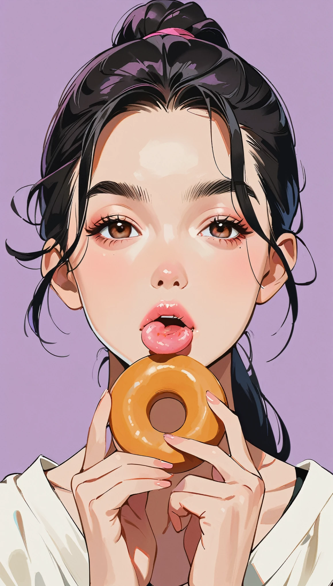 masterpiece、Highest quality: 1.2)、1 girl、Lonely、Anime Style、Black Hair、Pink Lips、Japanese、ponytail、Biting into a donut、In the style of a leading portraitist、Purple Background。