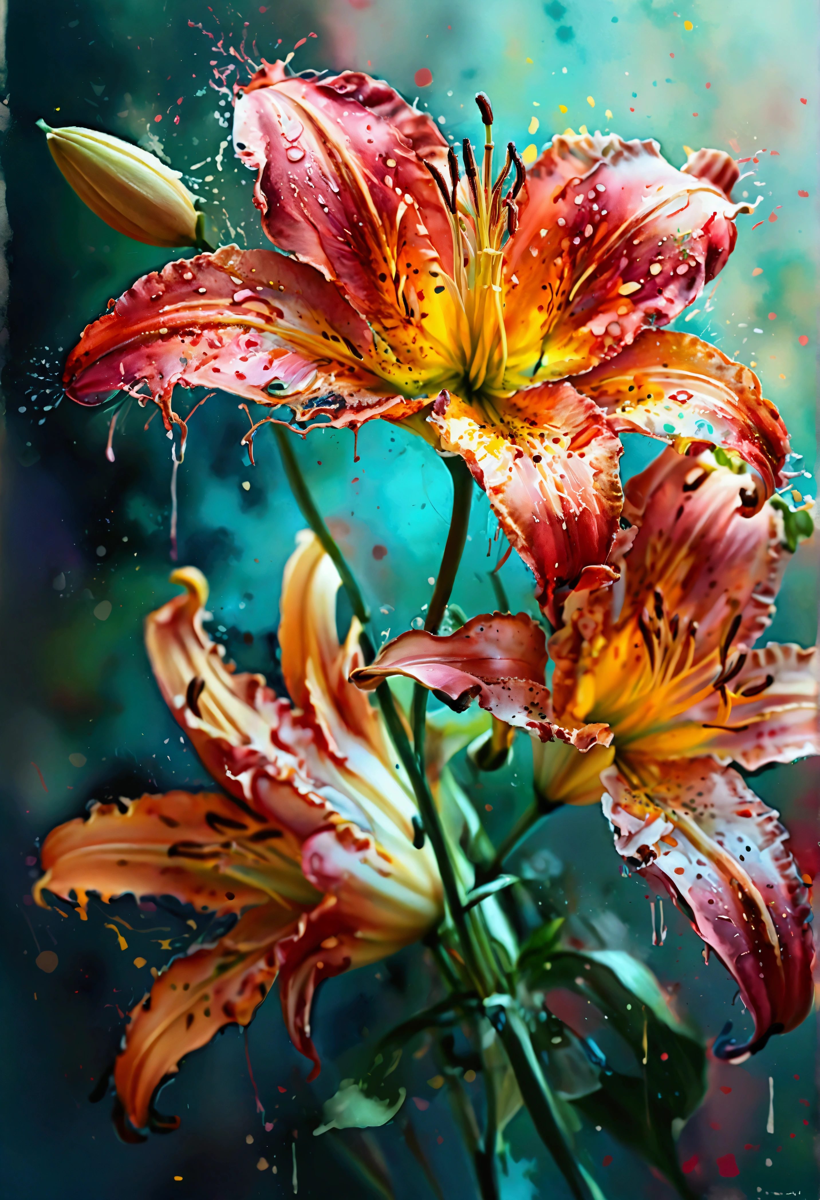 wtrcolor style, digital art of (lilies), official art, blown by the wind, masterpiece, beautiful, ((watercolor)), paint splatter, intricate details. Great detail, [dripping:0.5], trending on Artstation, Rachel Walker