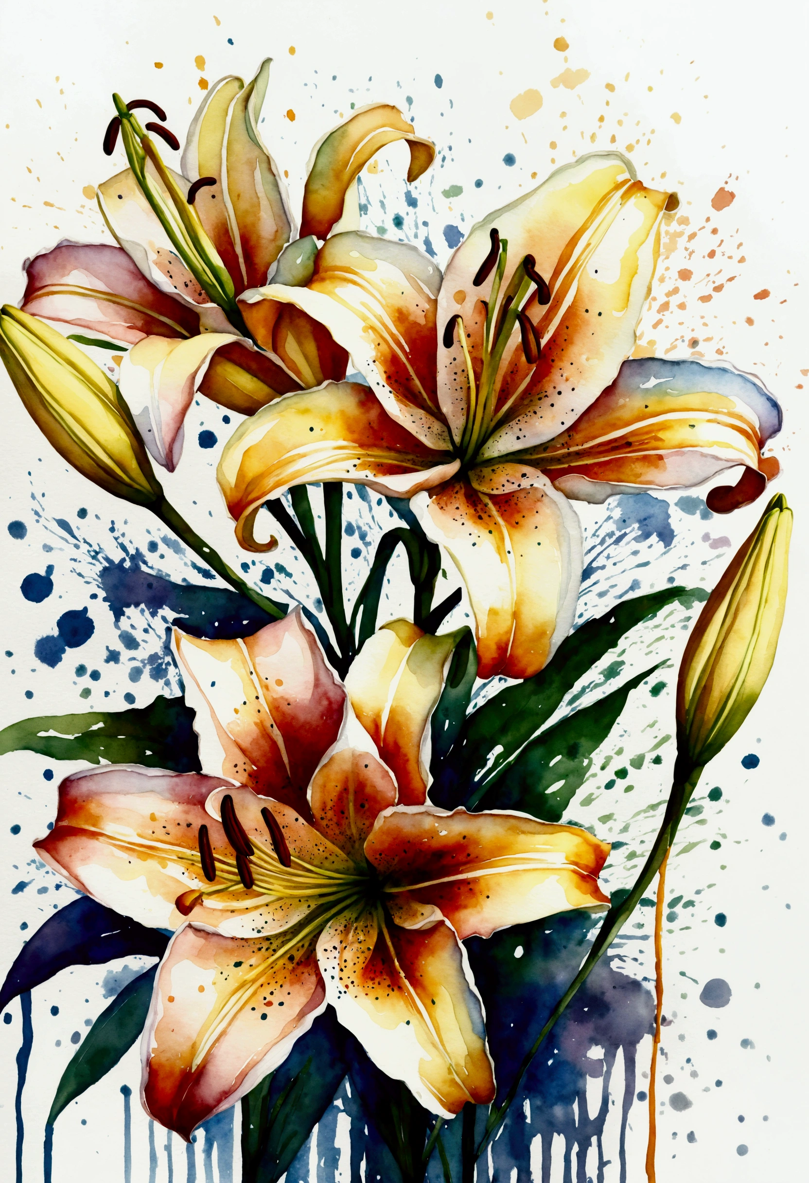 wtrcolor style, digital art of (lilies), official art, blown by the wind, masterpiece, beautiful, ((watercolor)), paint splatter, intricate details. Great detail, [dripping:0.5], trending on Artstation, Rachel Walker