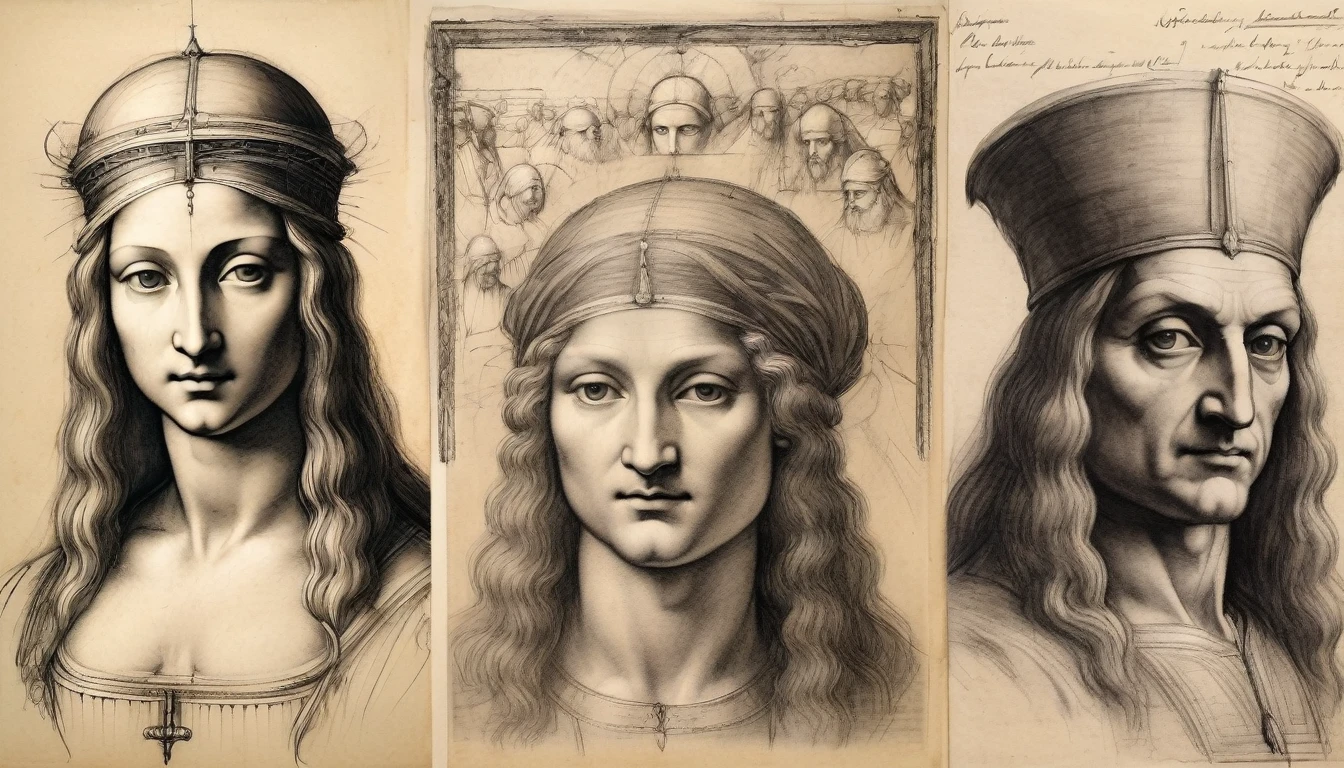 art sketches drawn with charcoal pencil, with annotations, Leonardo Da Vinci STYLE