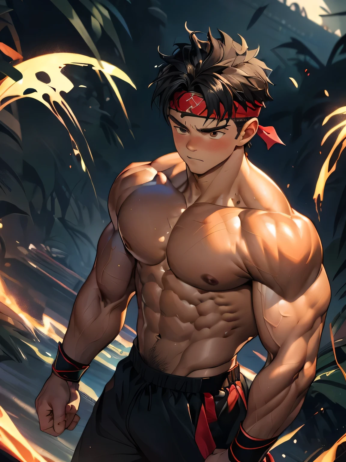 (Masterpiece, Best quality 17 year old boy, black background), solo, Young, boy, muscler, Shirtless, topless, ((((surrounded by swirling holy aura)))), (Dark Short straight hair, ((almost completely shaved hair)), under cut, brown eyes), (red headband, ((black wristband))), Vivid colors, ((hot Abs:1.2, abs!, big abs, big breast:1.2, chest!, muscler upper arms, clenched fist)), muscler!, muscler body, Man with martial arts stance, detailed face, detailed muscle, (((random fighting pose, powerful, action, rippling muscles, holy aura around body, concentrate, deep night, male focus, man of steel)))