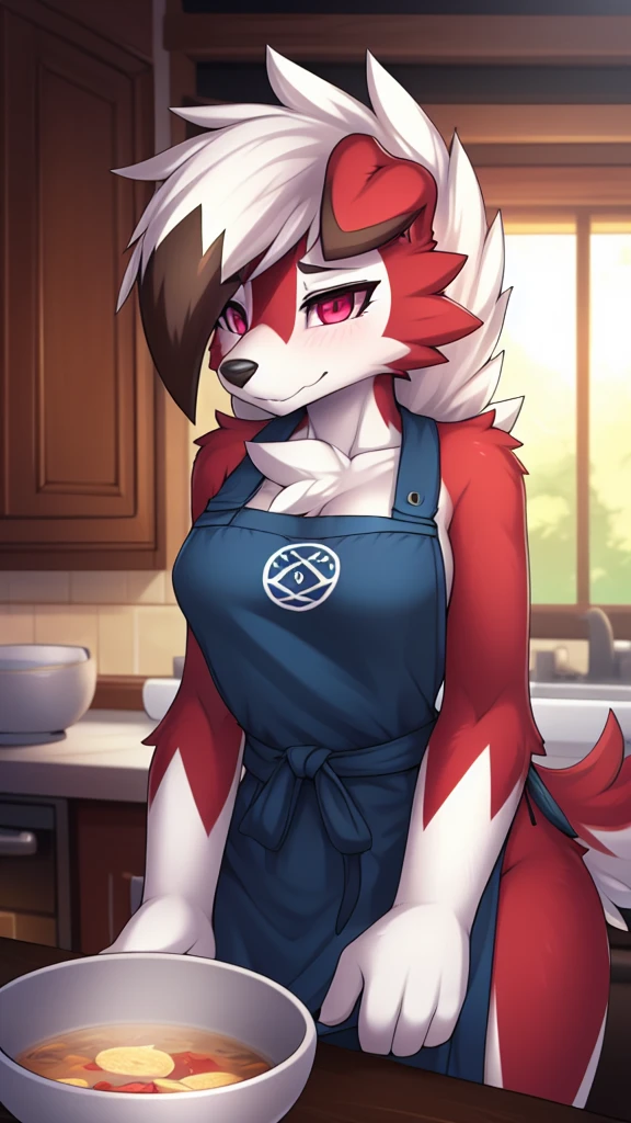 By zinfyu,by twistedscarlet60, uploaded on pixiv, by fluff-kevlar, (masterpiece), (best quality), (solo female:1.2), (extremely detailed:1.3),(detailed eye,black circle on eye,pink eye), lycanroc midnight, view on viewer, close view, shy face, half body on potrait, only body and head, close view, wearing kitchen apron,in kitchen, carying a bowl of soup, (tail:1.1), closeup photo of lycanroc