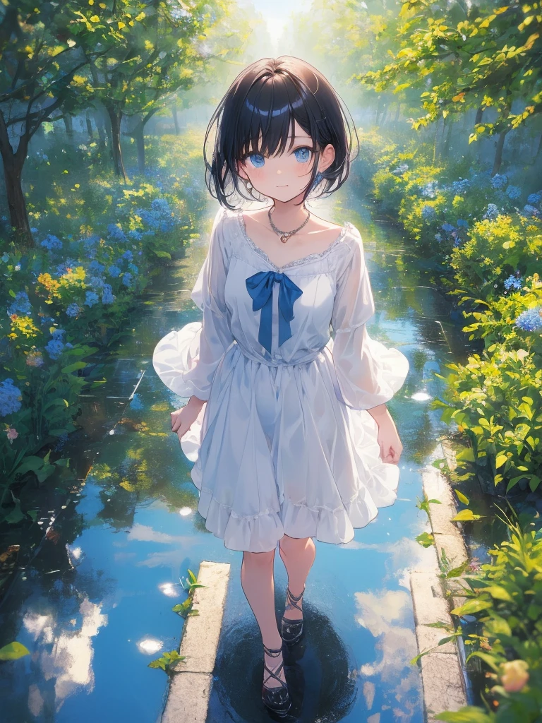 art by Cornflower,(master piece),(4k anime),high quality,(perfect ),1 girl,beautiful detailed blue eyes,short hair,very cute face,white clothes,soft tones,with warm and gentle lighting,high resolution,road after the rain,puddle and girl,mirrored water surface,girl,walk on blue water,beautiful ripples,from above,fullbody,(looks like fun),beautiful atmosphere like a dream
