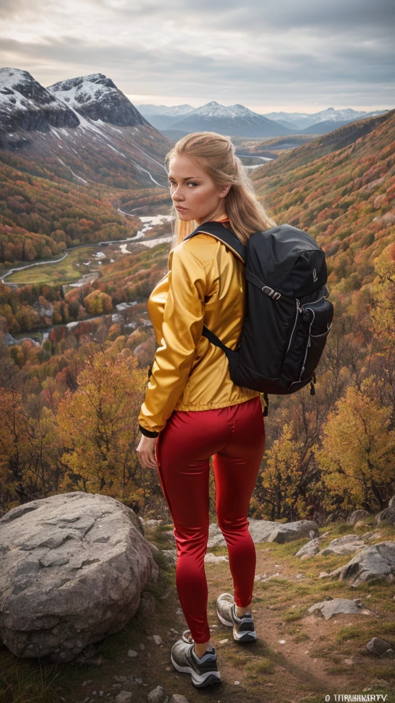 Naturescape photography; mountain climbing; Full body view; (1woman:0.5, solo), (slender body), (Small breasts) , (soaking wet red wind jacket ,tight satin Pants, terrain running shoes, big rucksack), standing on a mountain peak, Rough track, boulders , (long yellow hair), (nordic girl, 26-year-old, ultra delicate face, ultra Beautiful face, ultra delicate eyes, ultra detailed nose, ultra detailed mouth, ultra detailed facial features, natural skin, blemishes, blue eyes), (breasts are small: 0.5) (face is shiny:0.8), (natural skin:1 m, (Spectacular autumn rain, mountain views, with rugged Norwegian mountain ranges in the distance ), (Highest Quality, hyper-realistic:1.3, Super dense, very detailed illustration, Best image quality, very detailed illustration) natural skin, blemishes, detail skin texture, full body pose, natural skin poors, (((shot straight from the behind ))) she is uncomfortable and cold, afraid
