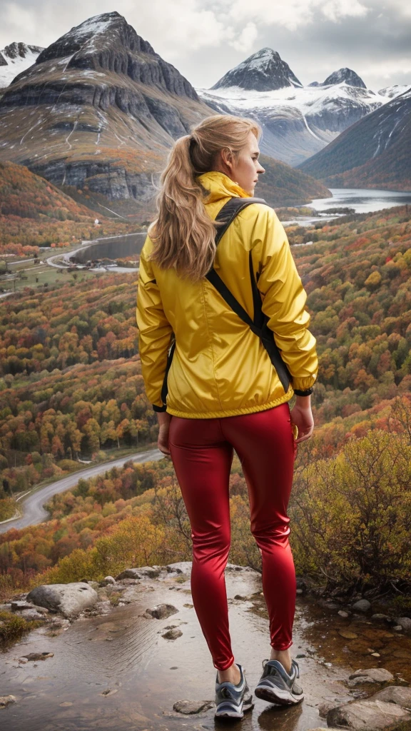 Naturescape photography; mountain climbing; Full body view; (1woman:0.5, solo), (slender body), (Small breasts) , (soaking wet red wind jacket ,tight satin Pants, terrain running shoes, big rucksack), standing on a mountain peak, Rough track, boulders , (long yellow hair), (nordic girl, 26-year-old, ultra delicate face, ultra Beautiful face, ultra delicate eyes, ultra detailed nose, ultra detailed mouth, ultra detailed facial features, natural skin, blemishes, blue eyes), (breasts are small: 0.5) (face is shiny:0.8), (natural skin:1 m, (Spectacular autumn rain, mountain views, with rugged Norwegian mountain ranges in the distance ), (Highest Quality, hyper-realistic:1.3, Super dense, very detailed illustration, Best image quality, very detailed illustration) natural skin, blemishes, detail skin texture, full body pose, natural skin poors, (((shot straight from the behind ))) she is uncomfortable and cold, afraid