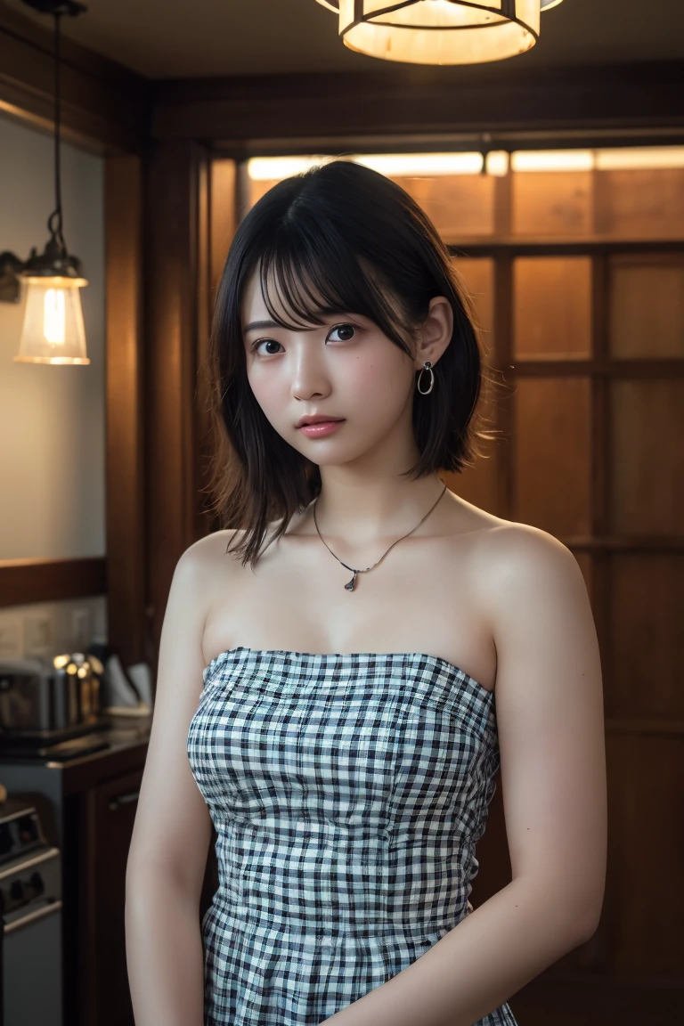 (Highest quality:1.4),(masterpiece:1.4),(Realistic:1.4),(Realistic:1.2),(超High resolution, RAW Photos:1.4),(High resolution, Ultra-detailed:1.2),(8K:1.2),View your viewers,Cinematic photography,One girl,skeletally correct,Black-haired woman,(Small earrings,necklace,Checkered tube top dress,Beautiful body lines,View from the front),(Western-style building interior,Dimly lit room,The lamplight shines on my cheeks)