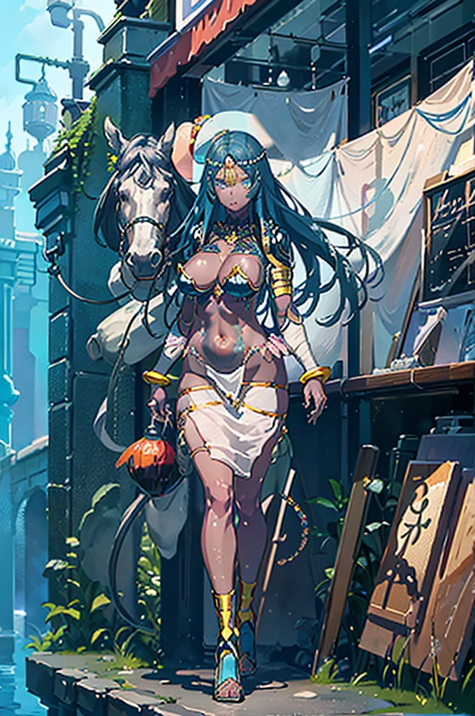 Ultra-high definition 2D art, close-up (1 woman), light blue hair, 2D animation style, soft and delicate depiction, attention also on her full-body tattoos (full-body art), landscape mode, masterpieces by Guweiz and James Jean, tattoo expert designs by CGSCOSITY, etc. A beautiful blue-haired girl who became a hot topic at the trend art station of Japan.