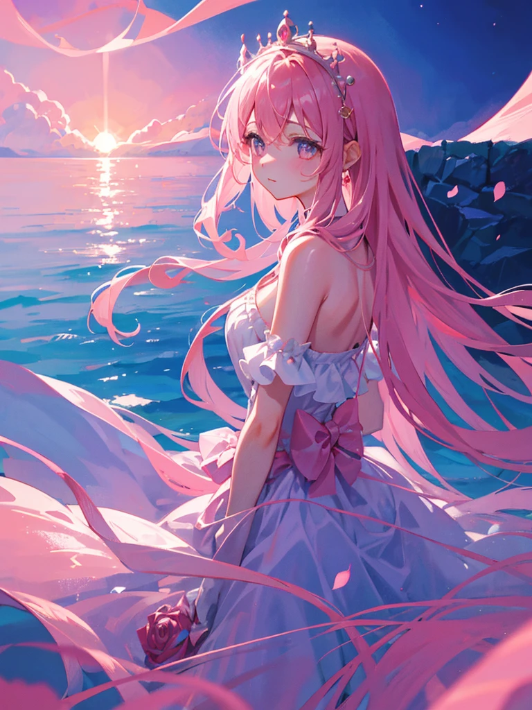 Pink Moon, Pink sky, Soft pink clouds, pink ocean waves shiny, shiny, Pink rose on a pink ocean, fantasy, diamond, crown, universe, Soft lighting,