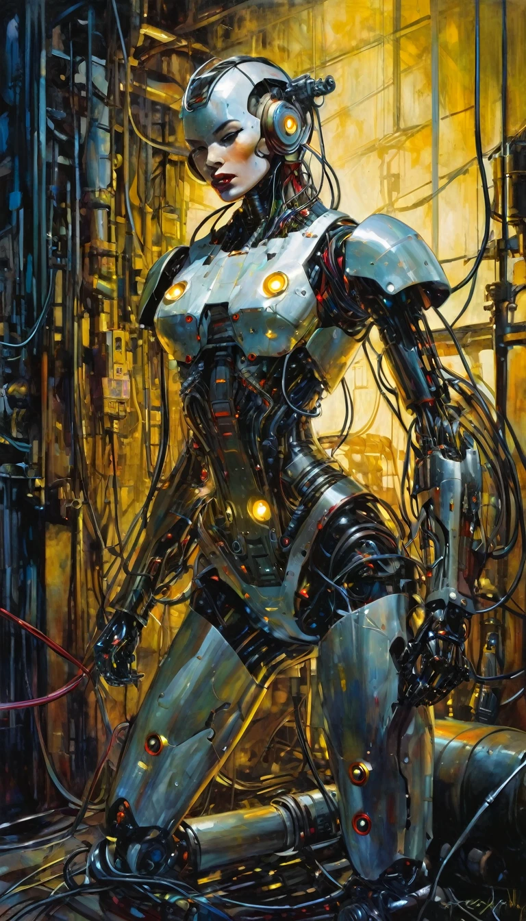 cyborg, charging, plugged into machinery, dark scene,(art inspired by Bill Sienkiewicz, intricate details, oil painted )