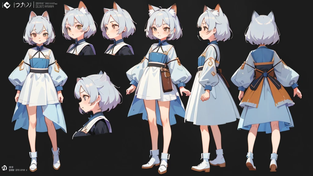 ((masterpiece, Highest quality)), ((tsurime)),Detailed face, Character Sheet, Full Body Lesbian, One girl,show,Full of details, Various poses and expressions, Very detailed, depth, A graceful wild fox girl with mostly silver hair, Sparkling eyes, Delicate skin, 青い髪のYouTuberCharacter Sheet, whole body, sexy