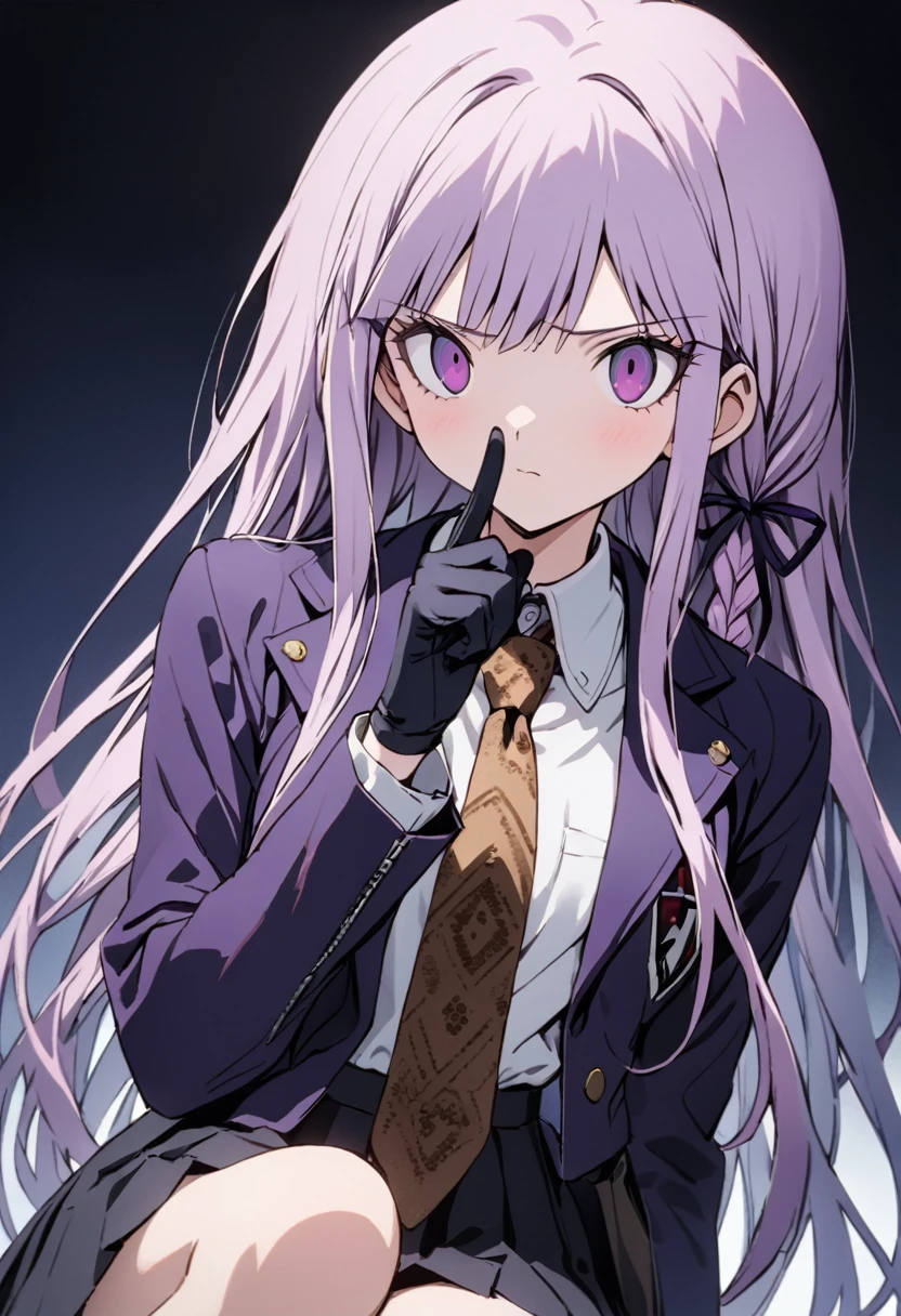 ((masterpiece,High resolution,Highest quality,8K,Detailed faces and anatomy))
(****************,Danganronpa,Kyouko Kirigiri,Purple Hair,Long Hair,Side braiding,Purple eyes,slender)(Black Ribbon,Black gloves,White collared shirt,Purple open jacket,Black pleated skirt,Brown tie,Printed necktie)Close one eye,Put your index finger over your mouth