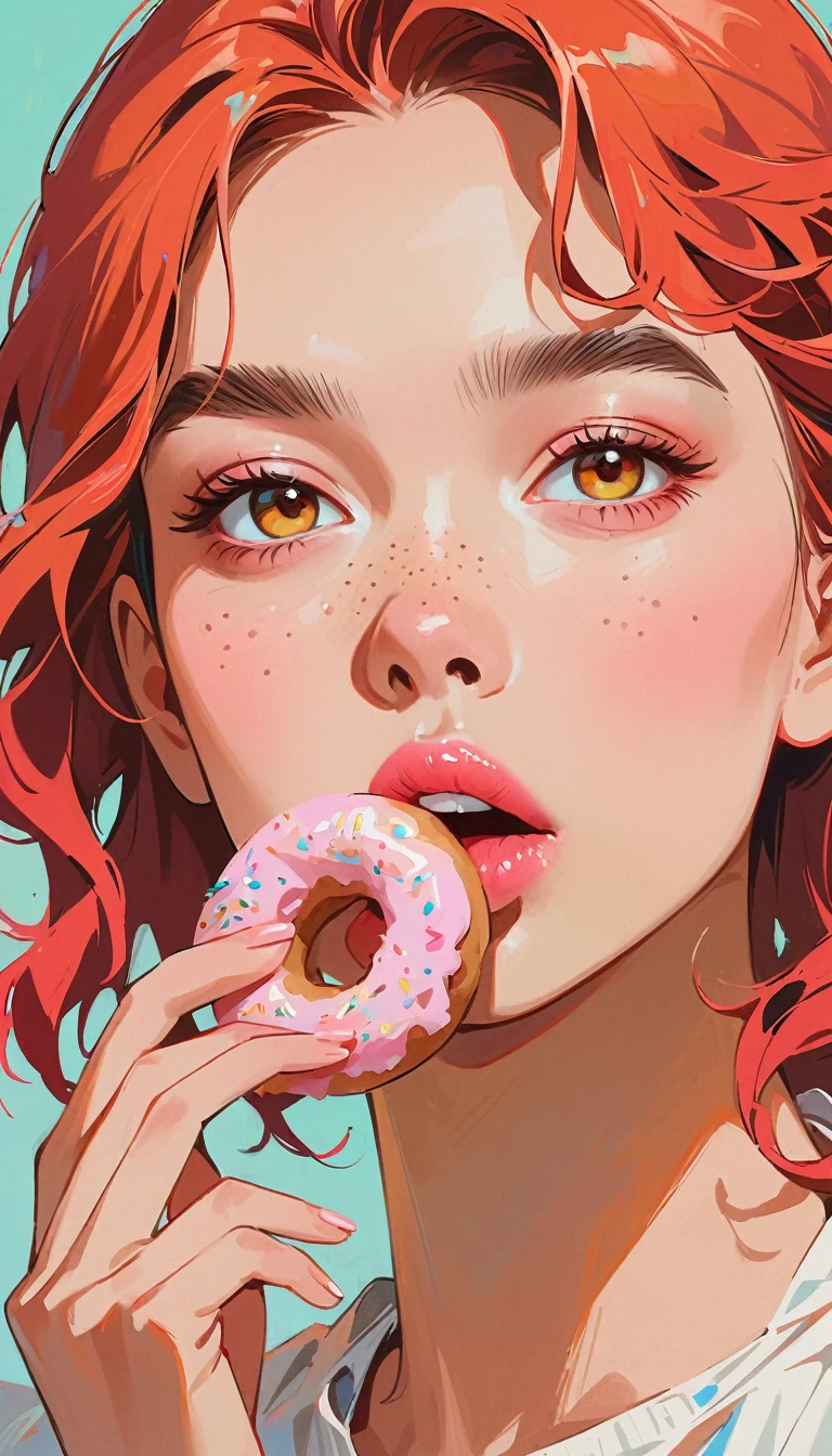 (masterpiece、Highest quality: 1.2)、1 girl、Lonely、Anime Style、Red Hair、Pink Lips、Sauvage Hair、Red glasses、Freckles、Biting into a donut、In the style of a leading portraitist、Light blue background。
