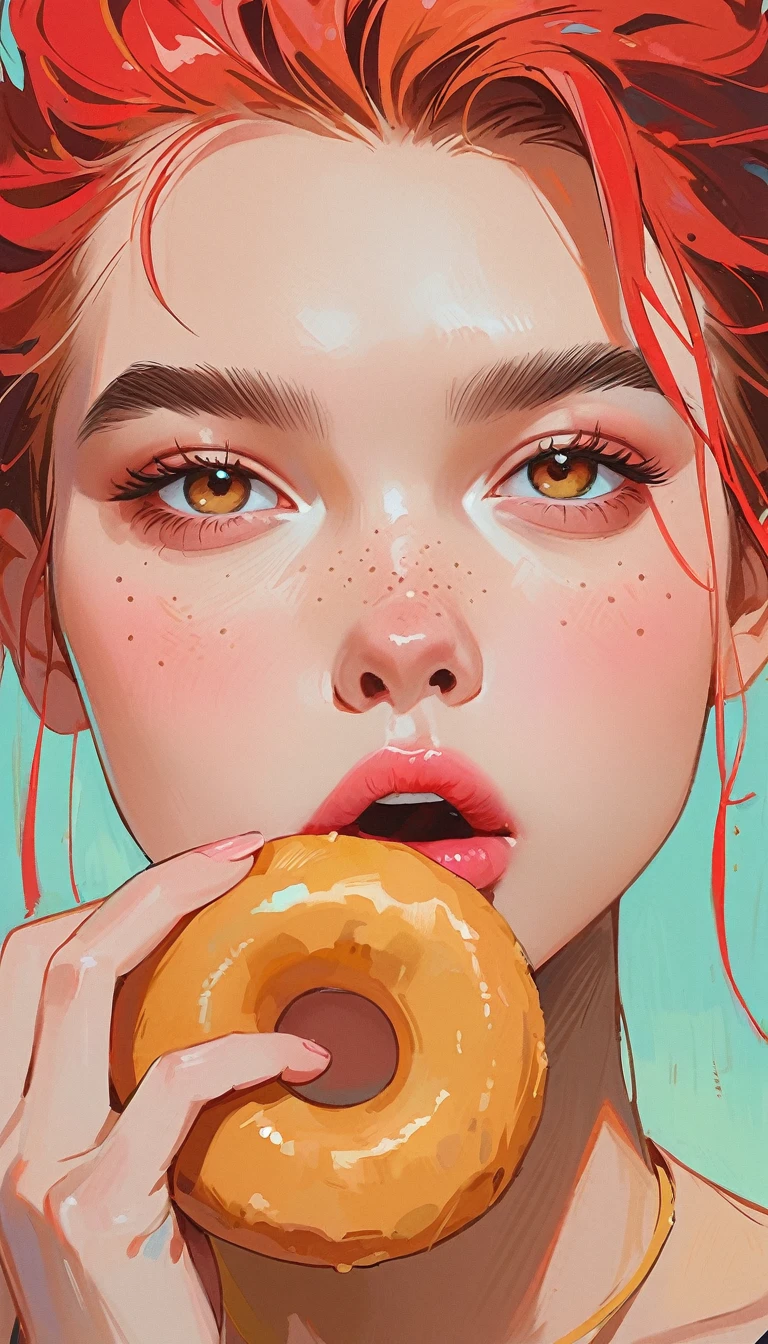 (masterpiece、Highest quality: 1.2)、1 girl、Lonely、Anime Style、Red Hair、Pink Lips、Sauvage Hair、Red glasses、Freckles、Biting into a donut、In the style of a leading portraitist、Light blue background。
