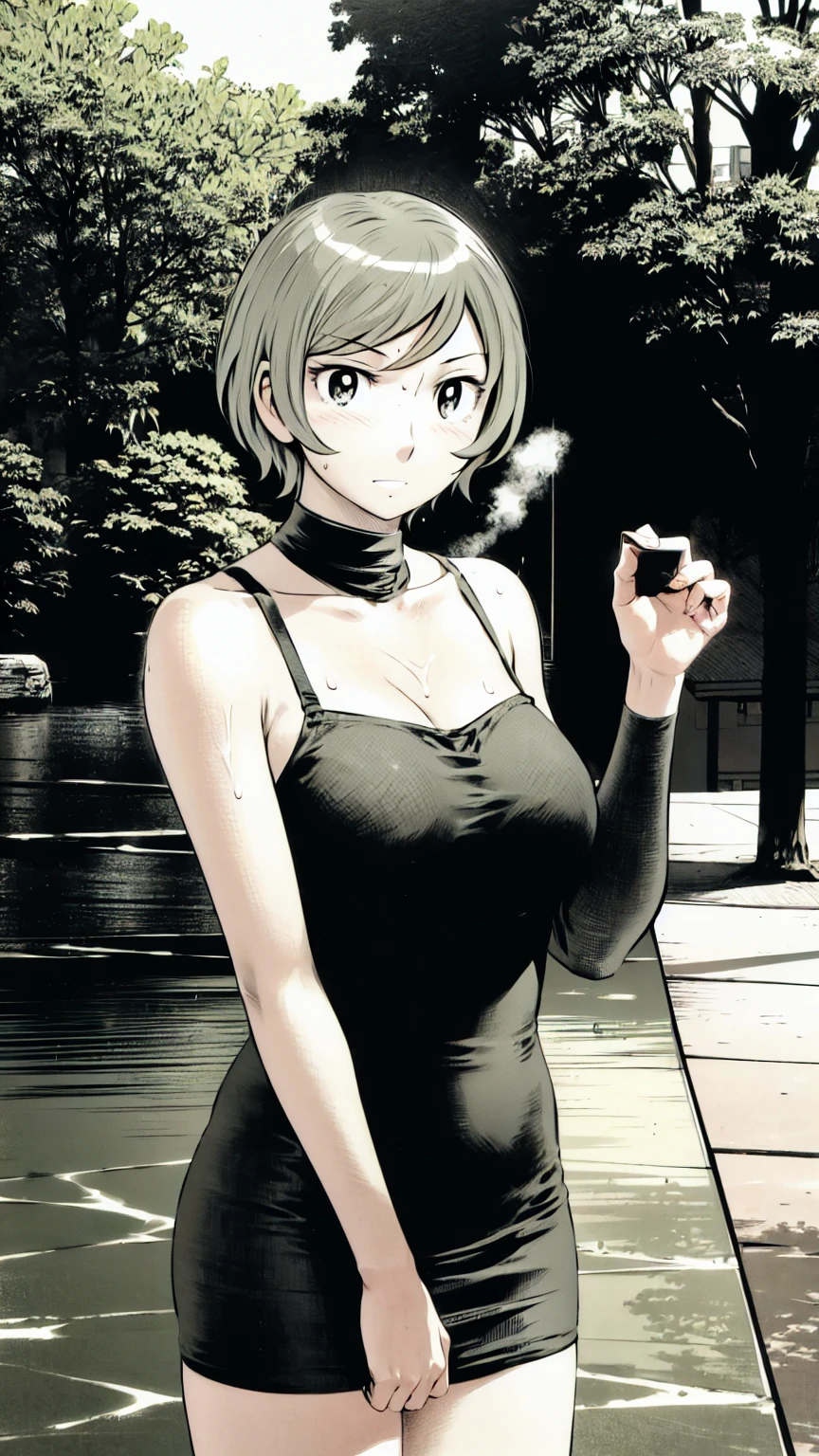 、(masterpiece、Highest quality)、Highest quality, Ultra-high resolution, (((masterpiece))), alone, Sweat、Big eyes, No sleeve、Outdoor、Floral Dress、Composition from the front、(後ろCut your hair short、short hair、blonde、woman)、Shortcuts、Embarrassed face、Cut your hair short、可愛いwomanの子、Big Breasts、Browsing Caution