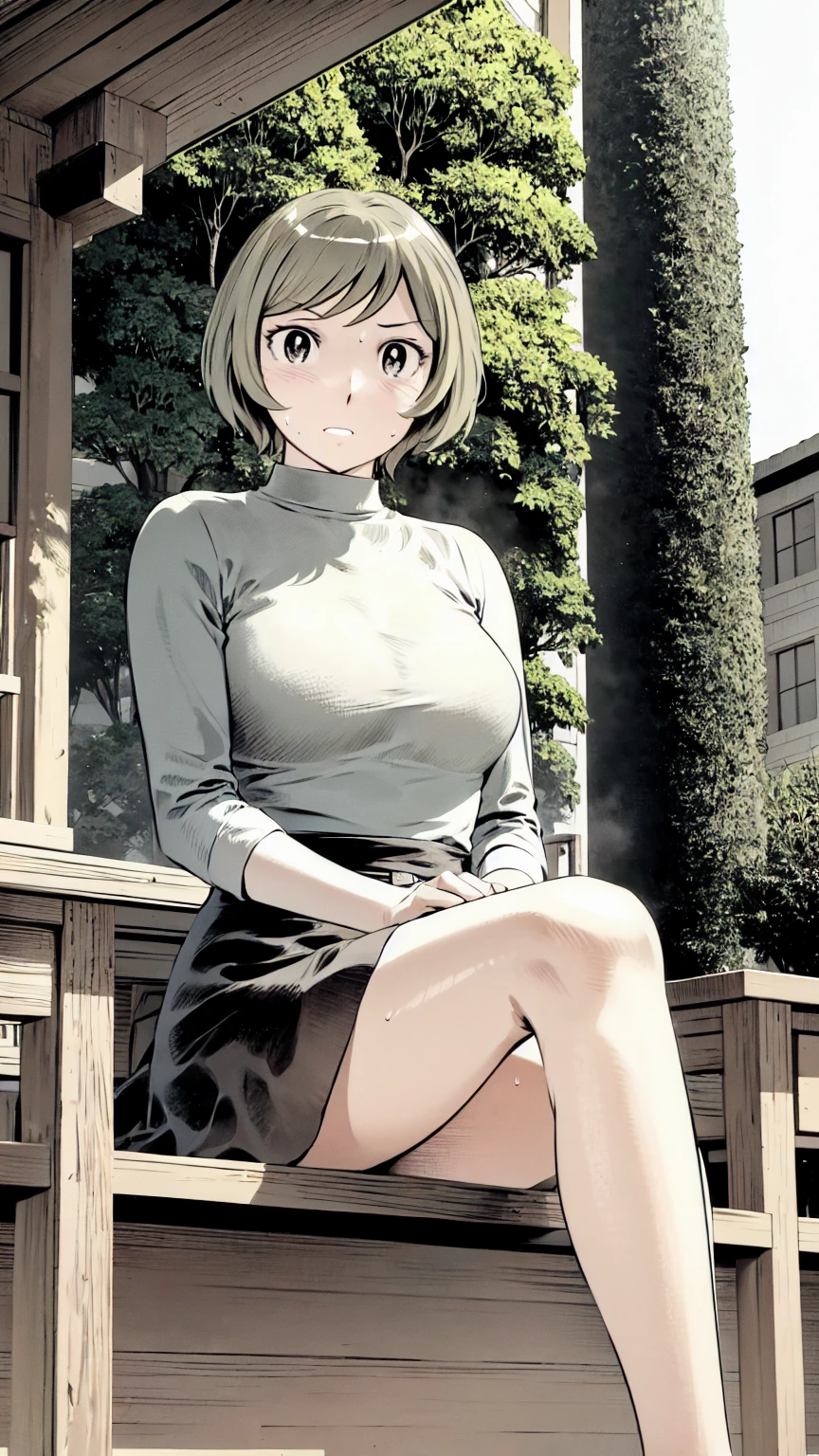 、(masterpiece、Highest quality)、Highest quality, Ultra-high resolution, (((masterpiece))), alone, Sweat、Big eyes, No sleeve、Outdoor、Floral Dress、Composition from the front、(後ろCut your hair short、short hair、blonde、woman)、Shortcuts、Embarrassed face、Cut your hair short、可愛いwomanの子、、Browsing Caution