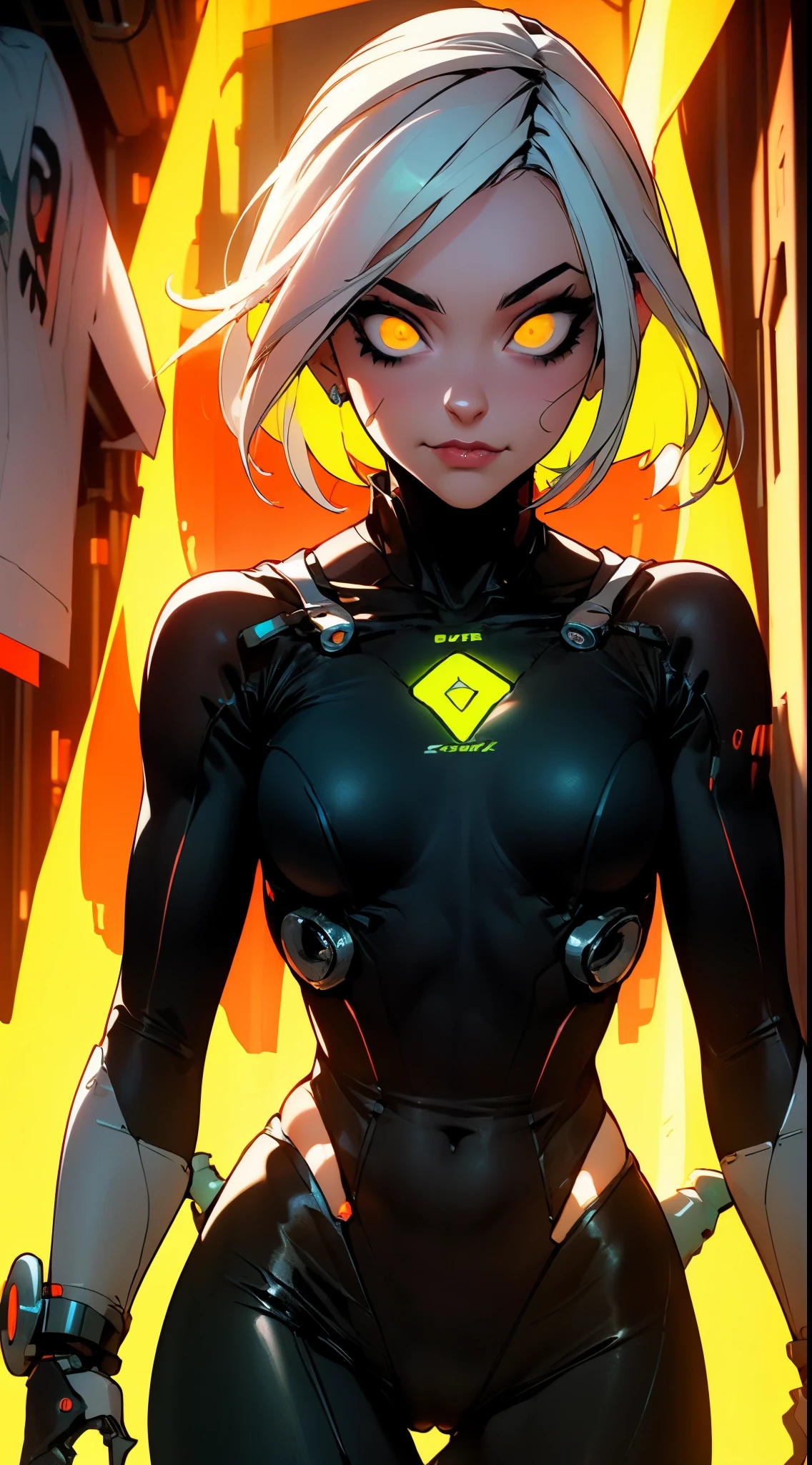 (mechanical parts:1.5),fighting , glowing eyes, short hair, tight supersuit, in a futuristic city, lights and neon, glowing neon lines, lovely pose, cute view