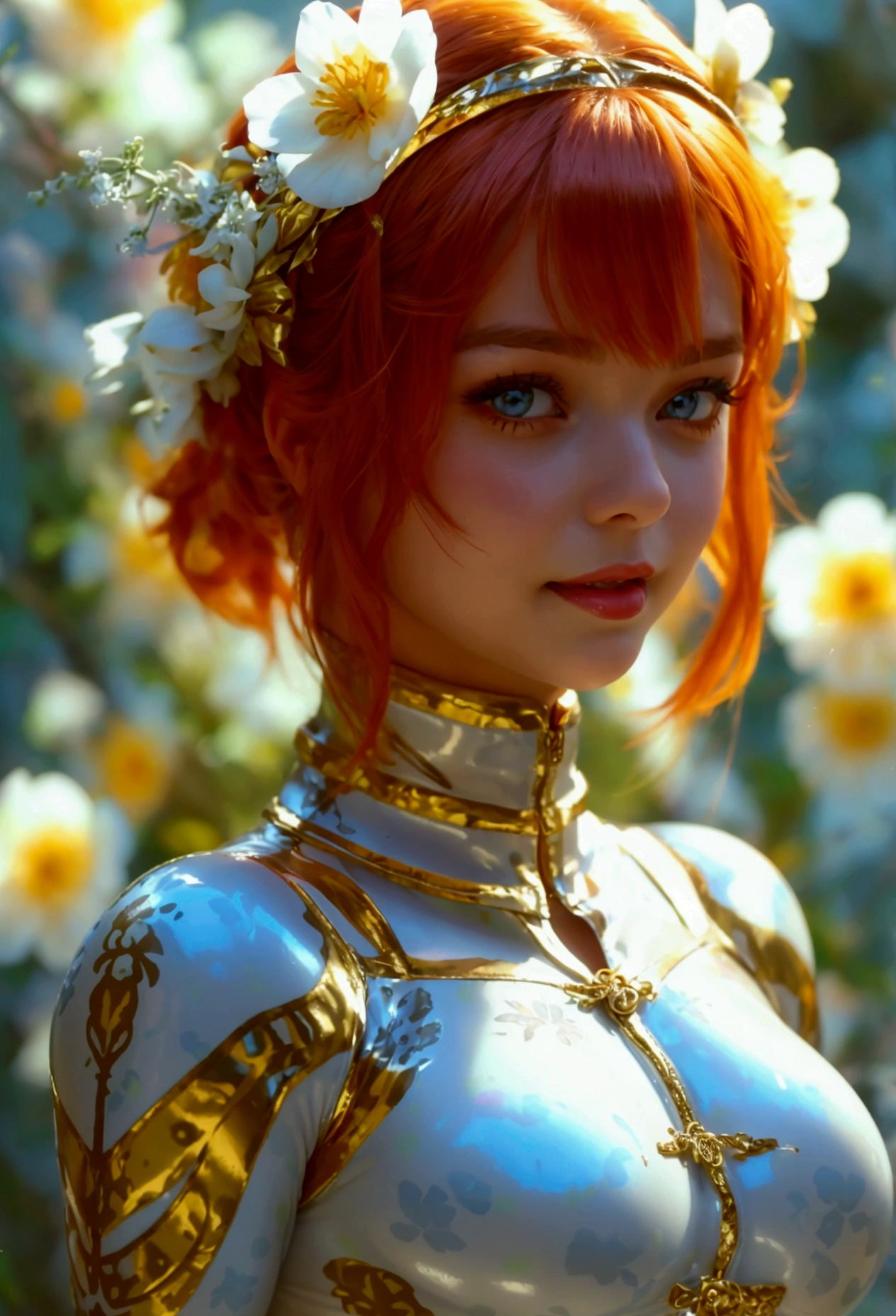 1girl, curvy fitness body, beauty, beautiful russian girl, shiny braidsl, busty, skintight flower printed over white catsuit, skintight flower printed skirt, skintight flower printed suit, skintight headband over forehead, wide satin choker, tight wide waist belt, multiple shiny bucklets, shiny stockings, white panties, short boots, smile,