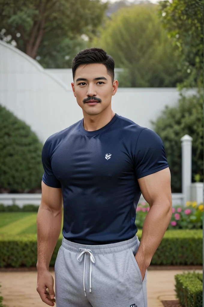 Masterpiece, best quality, high resolution, realistic, handsome, Take beautiful photos, Sayk, NRF, Photo of the 35 year old gym association (The man has a thin mustache.),Full body, Portrait, standing in the garden , make military media, weight, Amazing , Buzzcut short hair,stubble head , (Hyper Muscle),looking at the audience, Flirt with the camera, charming, (Tight navy blue workout shirt. ),(GS-Male:1), 8K,Bokeh,Portrait,look at the viewer,